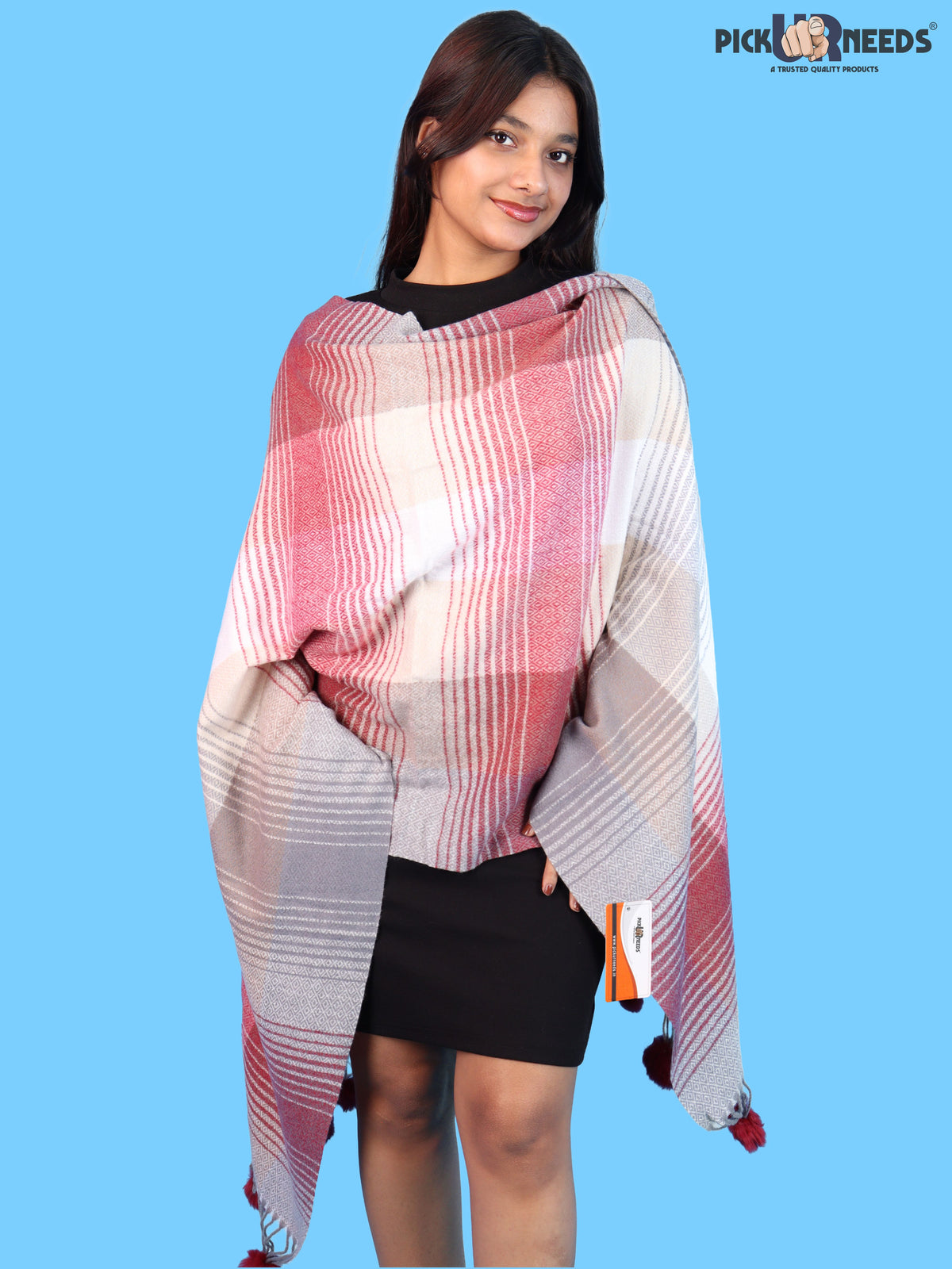 Pick Ur Needs Women & Girls Winter Shawl Soft Warm Striped Pattern Shawl with Tassel & Pom Pom Border Stylish Ladies Winter Wrap