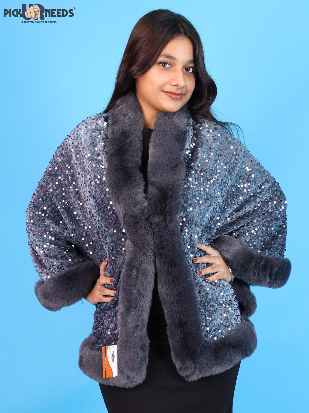 Pick Ur Needs Luxury Shrug for Women Sequin Outerwear with Soft Fur Collar Shawl Evening Wrap Poncho