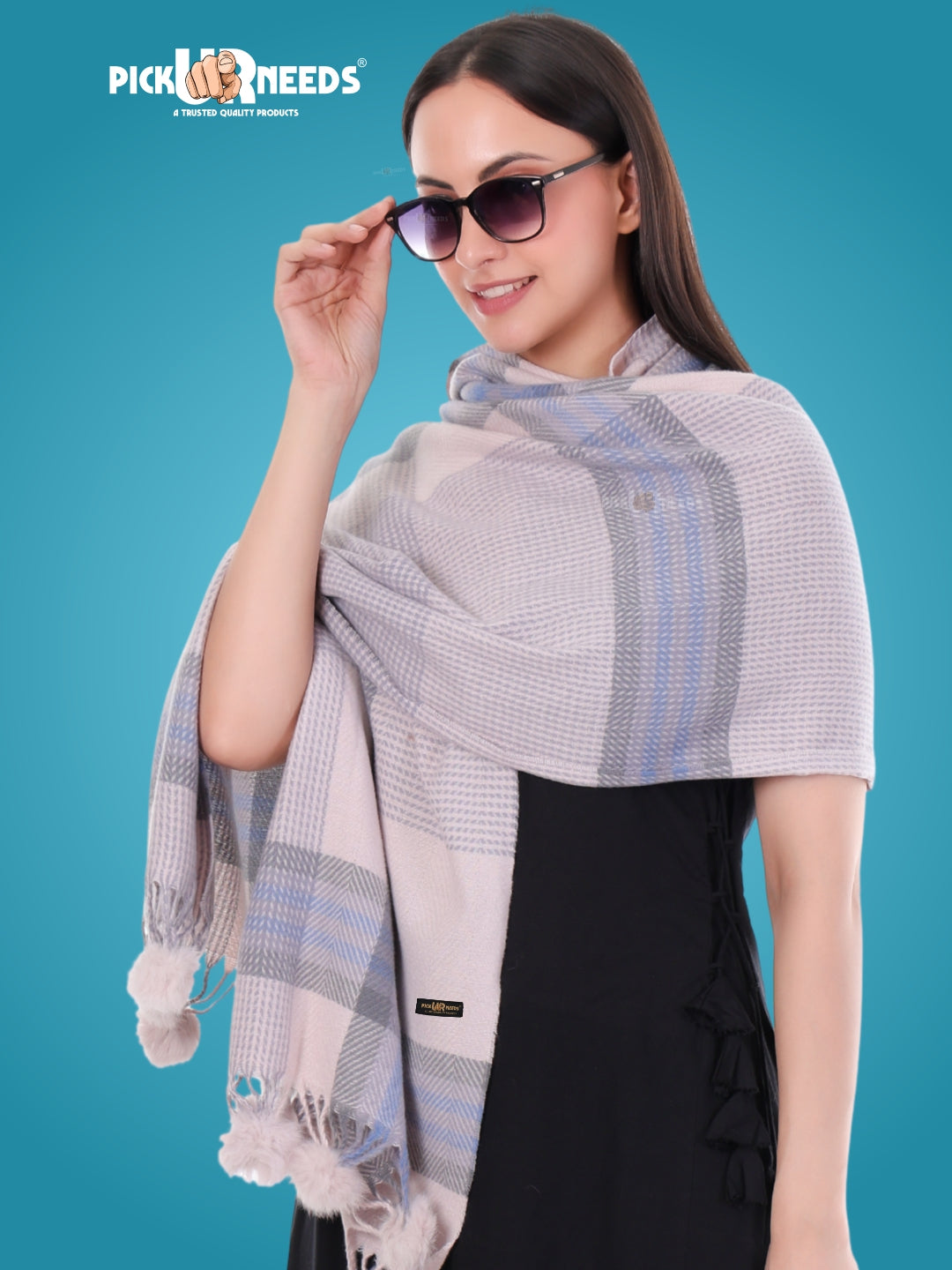 Pick Ur Needs Women's Soft Plaid Shawl Wrap Scarf with Pom Poms Warm Blanket Stole Fashionable Winter Gift for Ladies