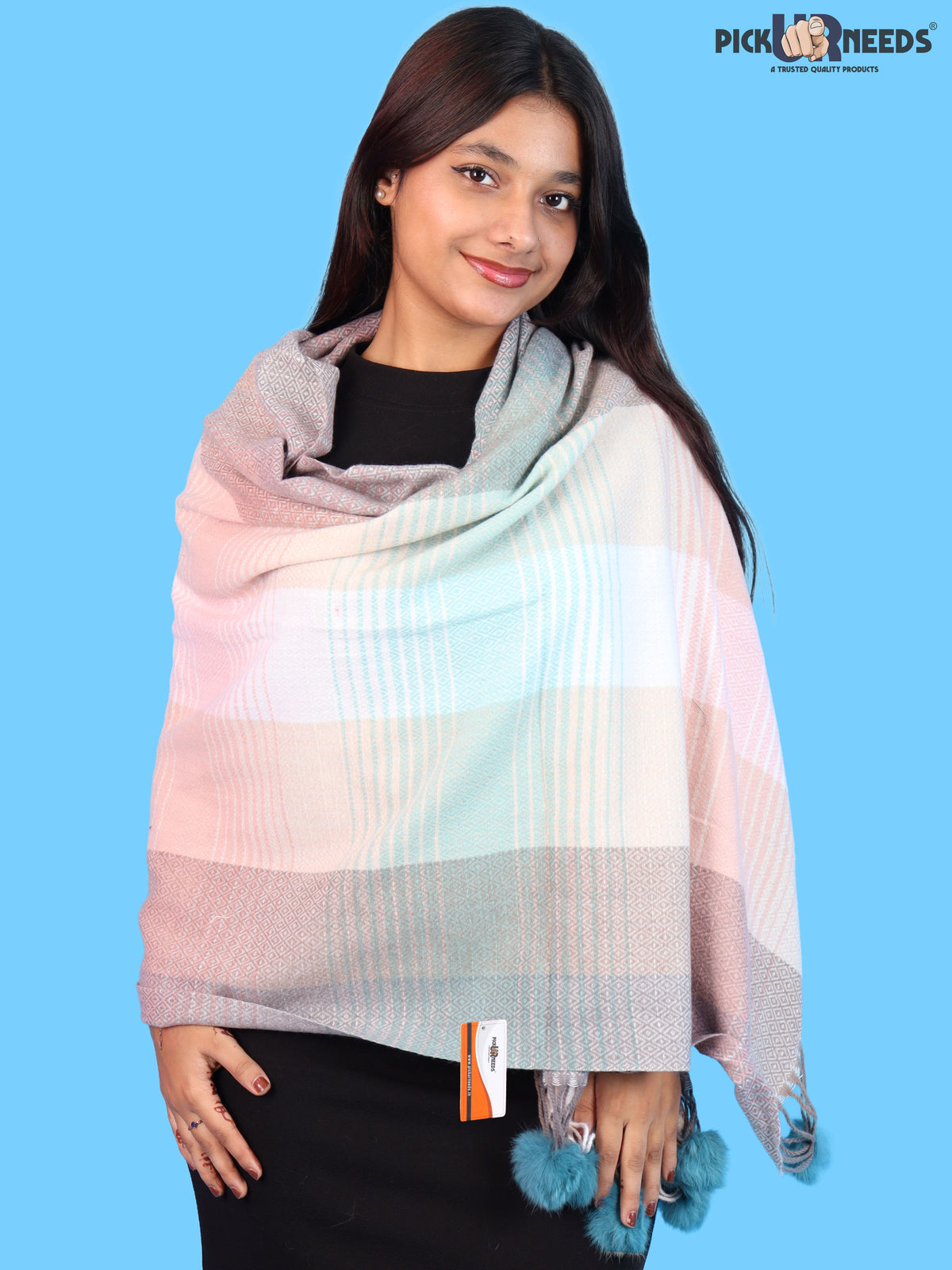 Pick Ur Needs Women & Girls Winter Shawl Soft Warm Striped Pattern Shawl with Tassel & Pom Pom Border Stylish Ladies Winter Wrap