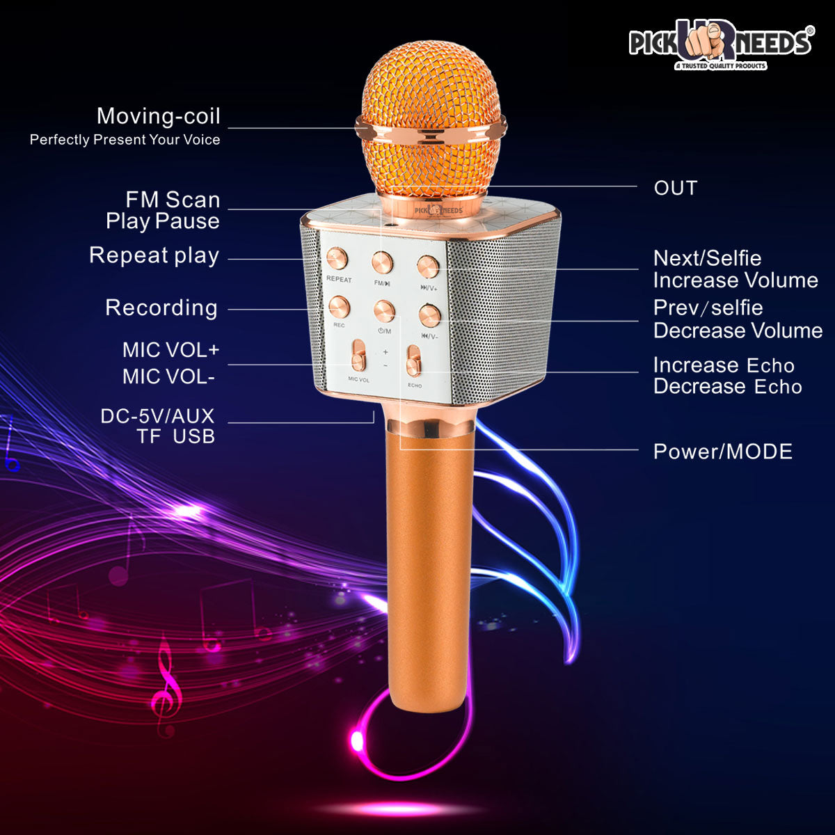 Pick Ur Needs Karaoke Mic with Led Light Wireless Bluetooth Microphone Connection Player Speaker 2-in1 with Recording + USB+FM