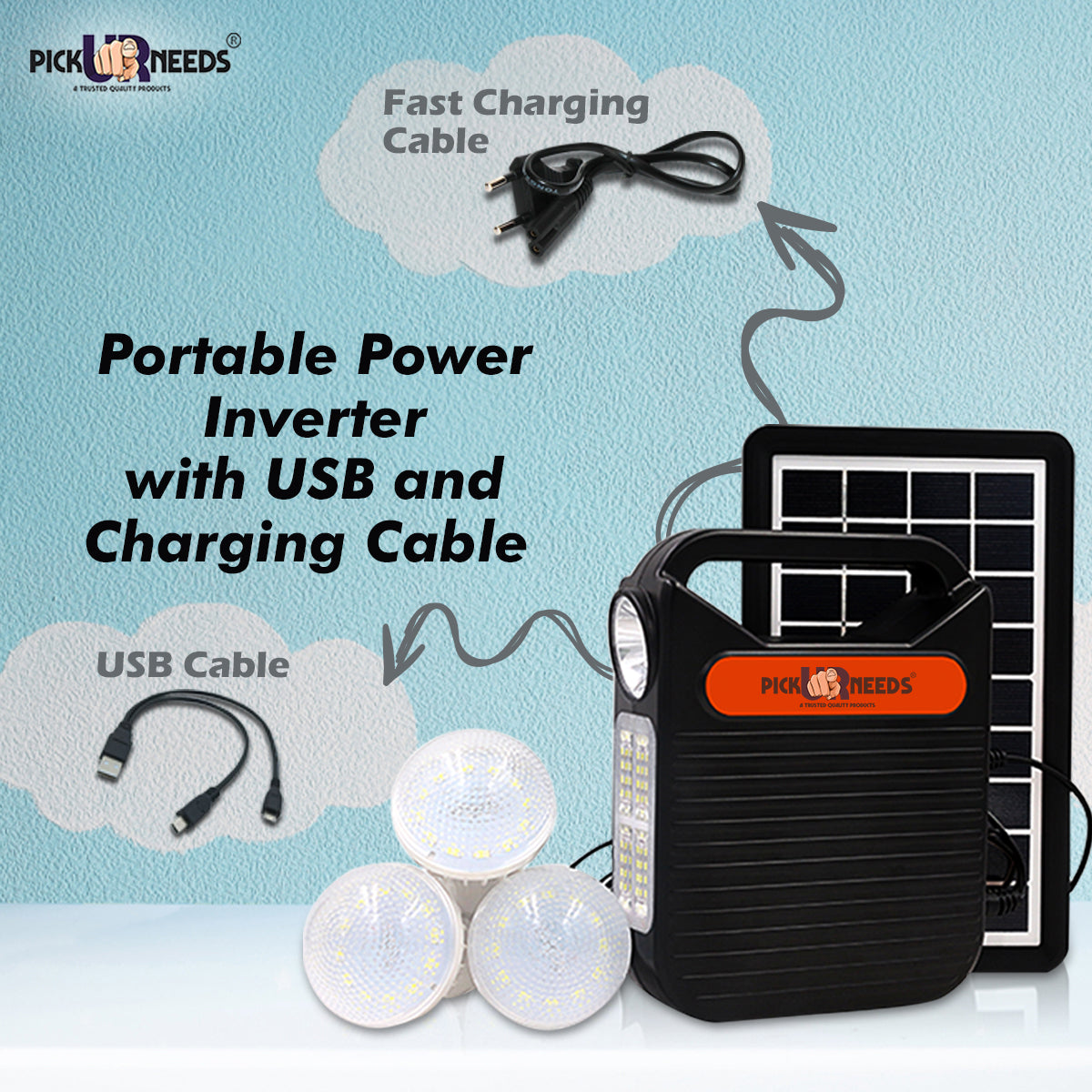 Pick Ur Needs LED Emergency Portable Inverter with 3 Individual 6 Volt LED Hanging Bulbs with 3.75 m Long Wire and AC/DC USB Socket with USB Wire for Mobile Charging with Solar Panel 5 hrs Torch Emergency Light
