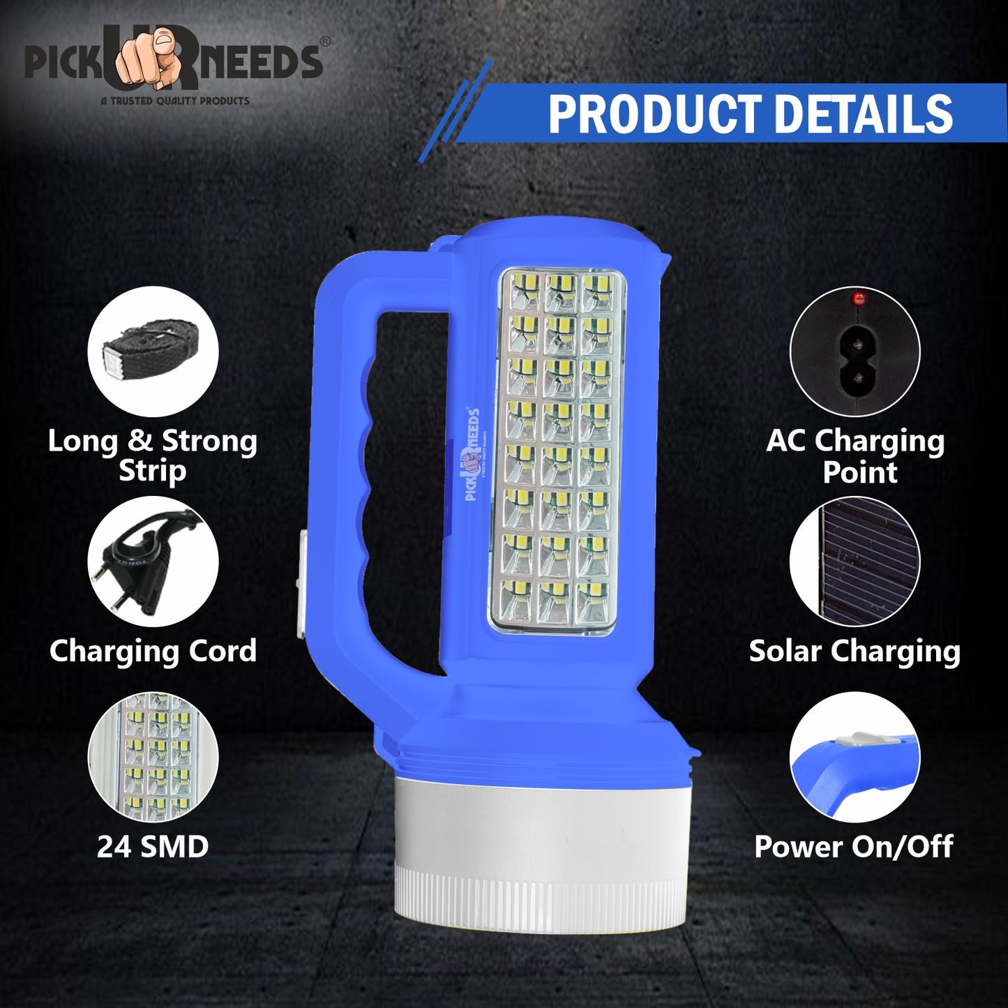 Pick Ur Needs Solar Rechargeable Long Range Emergency Torch Search Light 100W + 24 SMD Light Torch (Red, 21 cm, Rechargeable)