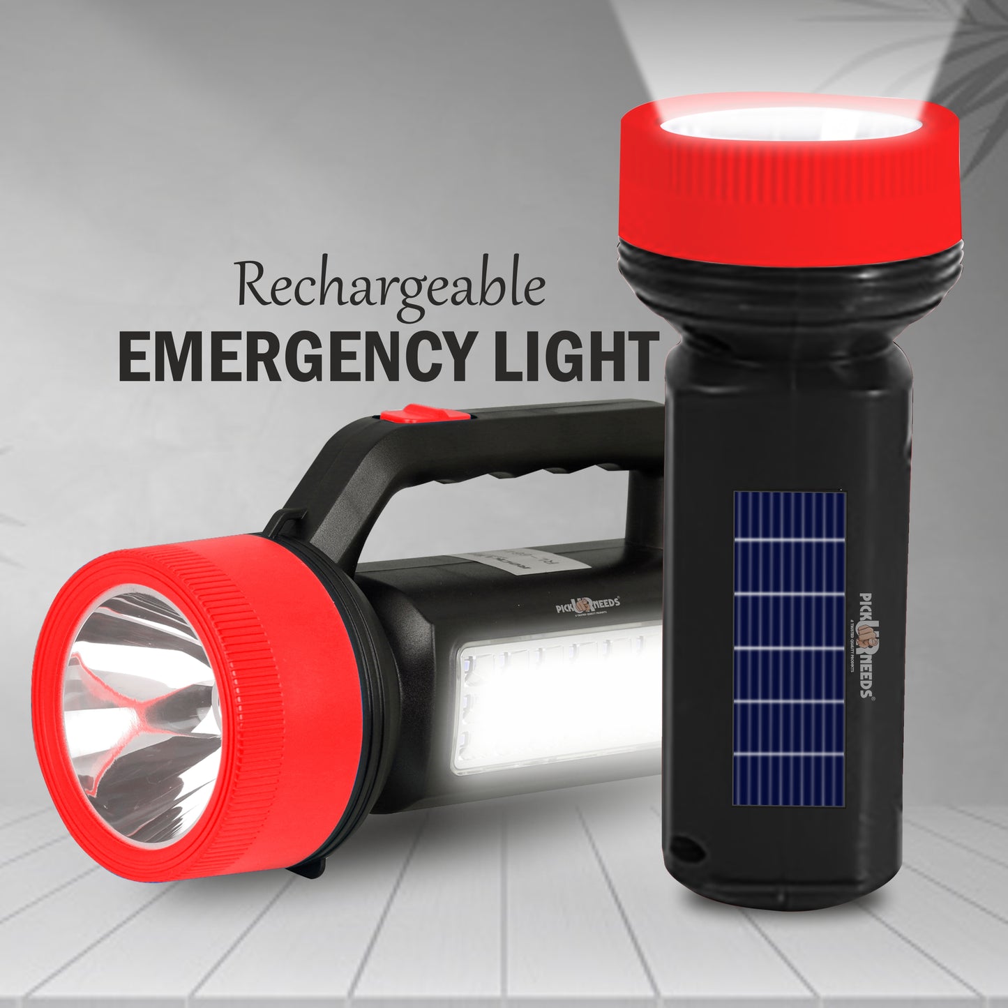 Pick Ur Needs Solar Rechargeable Long Range Emergency Torch Search Light 100W + 24 SMD Light Torch (Red, 21 cm, Rechargeable)