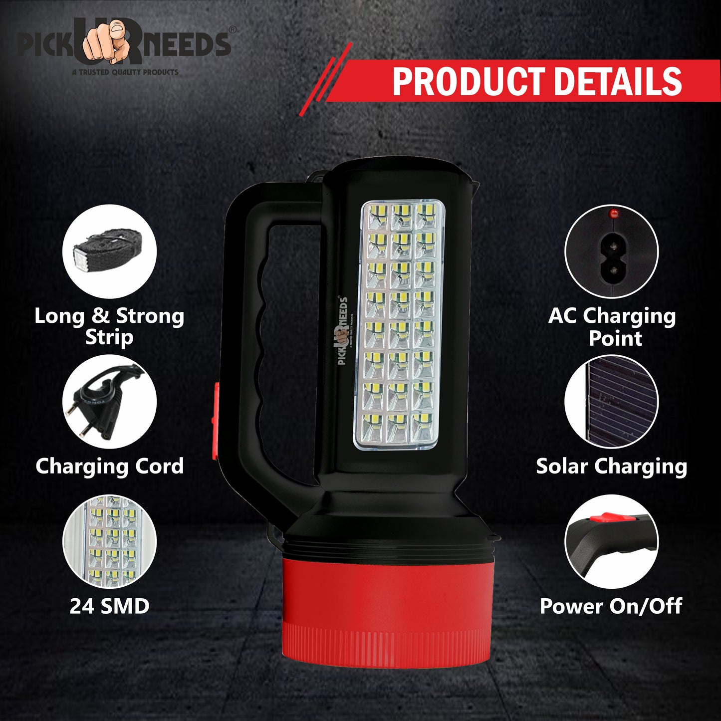 Pick Ur Needs Solar Rechargeable Long Range Emergency Torch Search Light 100W + 24 SMD Light Torch (Red, 21 cm, Rechargeable)