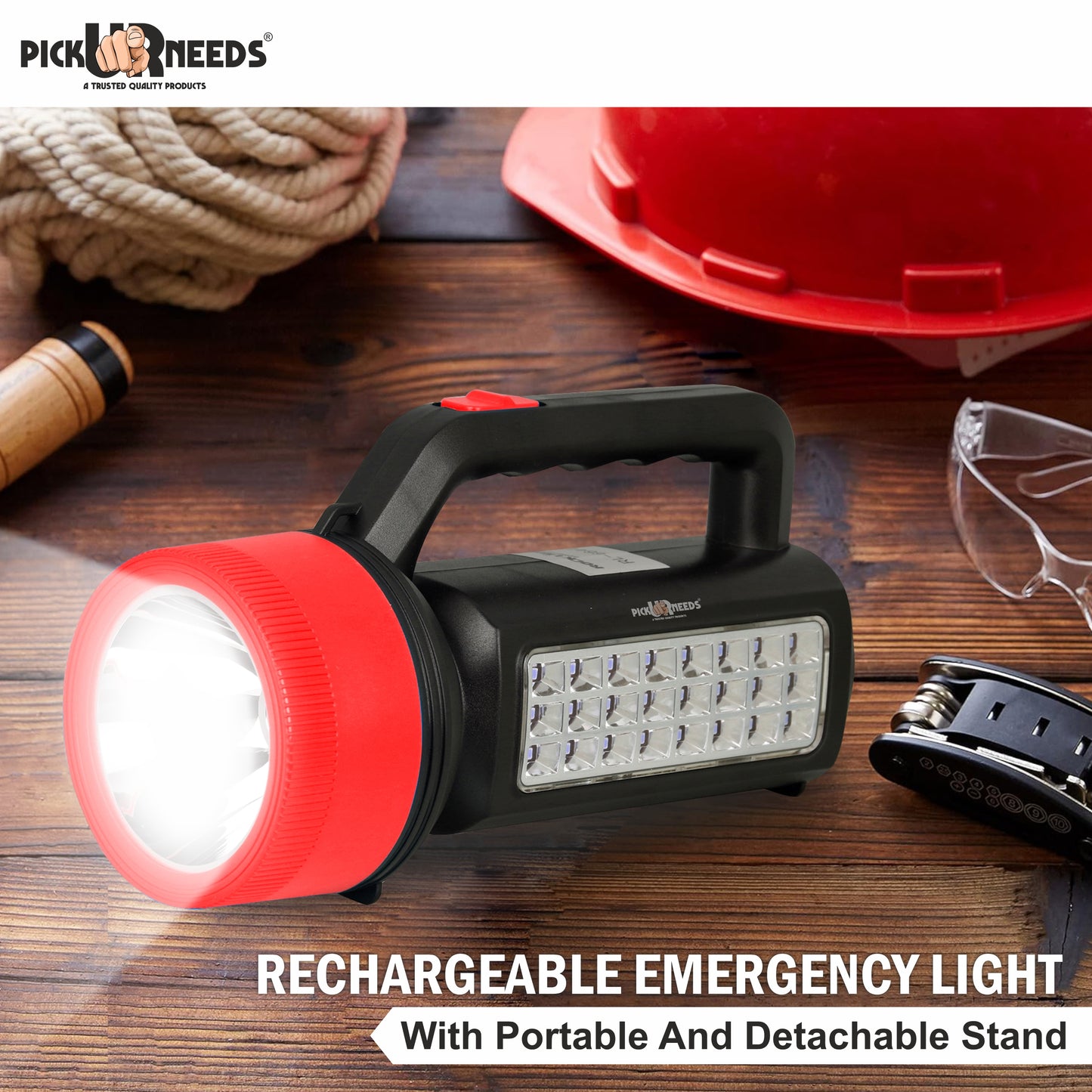 Pick Ur Needs Solar Rechargeable Long Range Emergency Torch Search Light 100W + 24 SMD Light Torch (Red, 21 cm, Rechargeable)