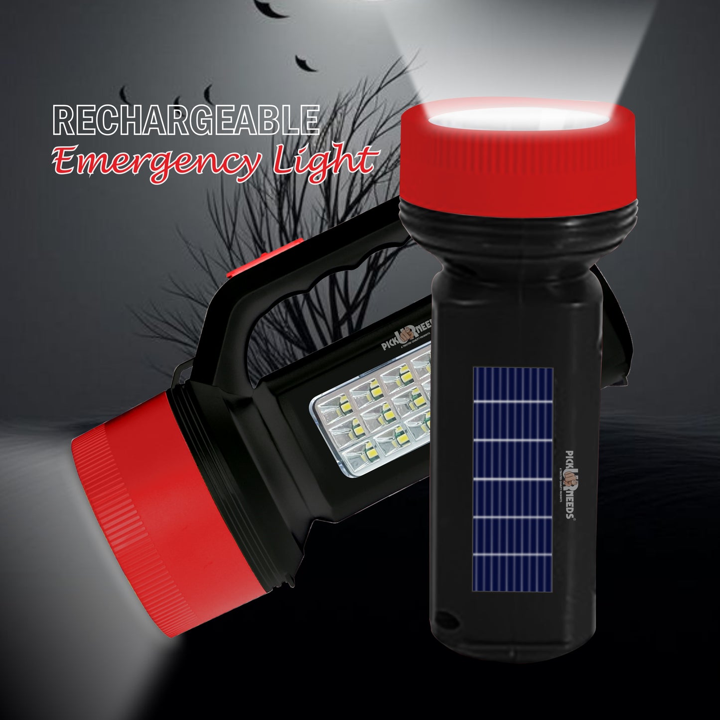 Pick Ur Needs Solar Rechargeable Long Range Emergency Torch Search Light 100W + 24 SMD Light Torch (Red, 21 cm, Rechargeable)