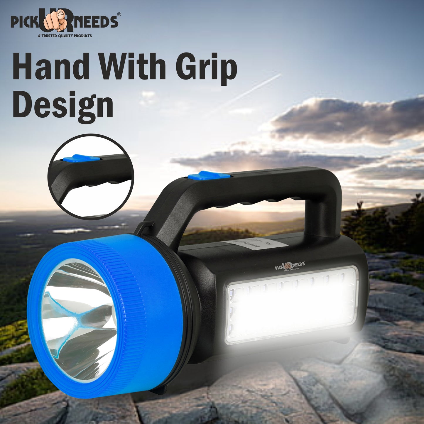 Pick Ur Needs Solar Rechargeable Long Range Emergency Torch Search Light 100W + 24 SMD Light Torch (Red, 21 cm, Rechargeable)