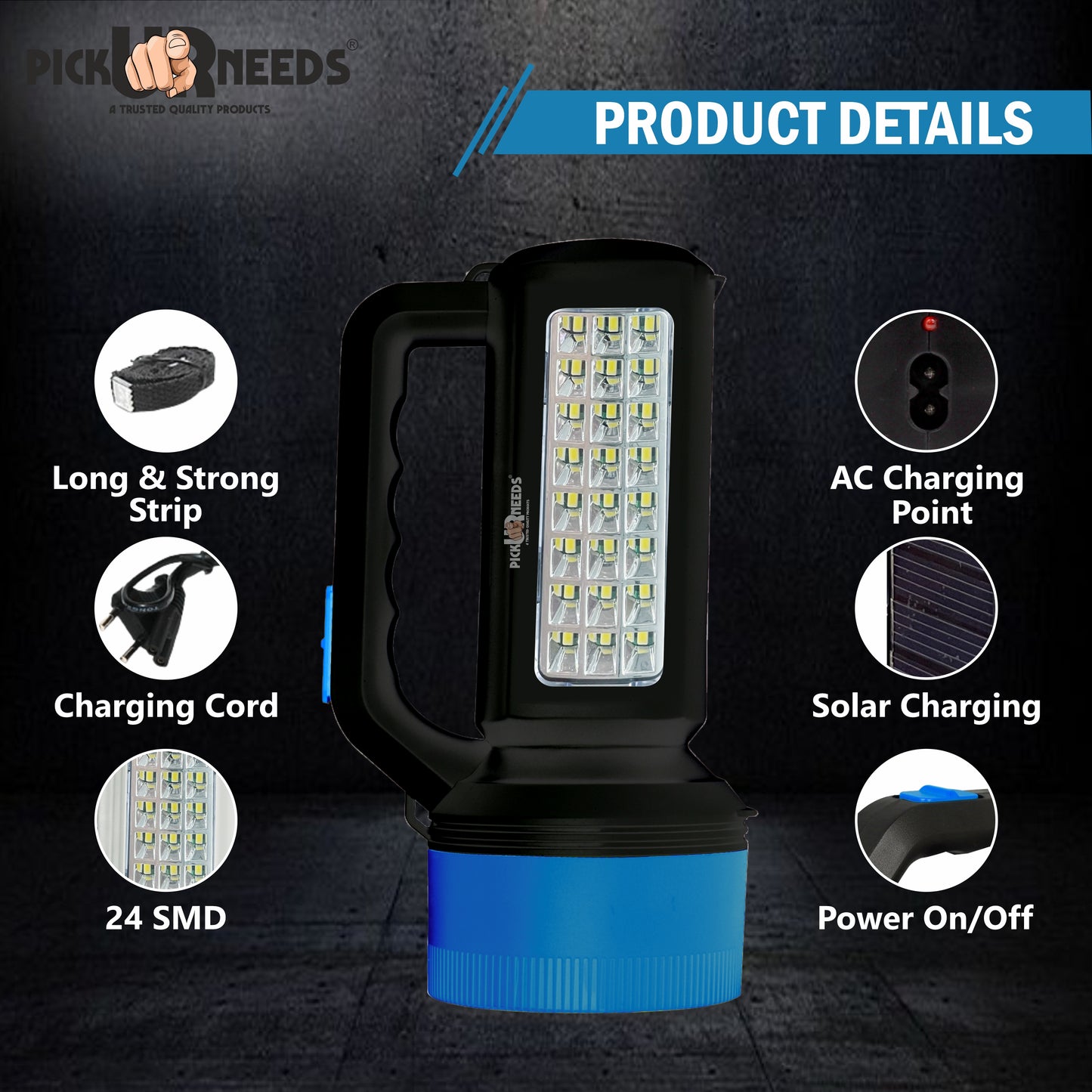 Pick Ur Needs Solar Rechargeable Long Range Emergency Torch Search Light 100W + 24 SMD Light Torch (Red, 21 cm, Rechargeable)
