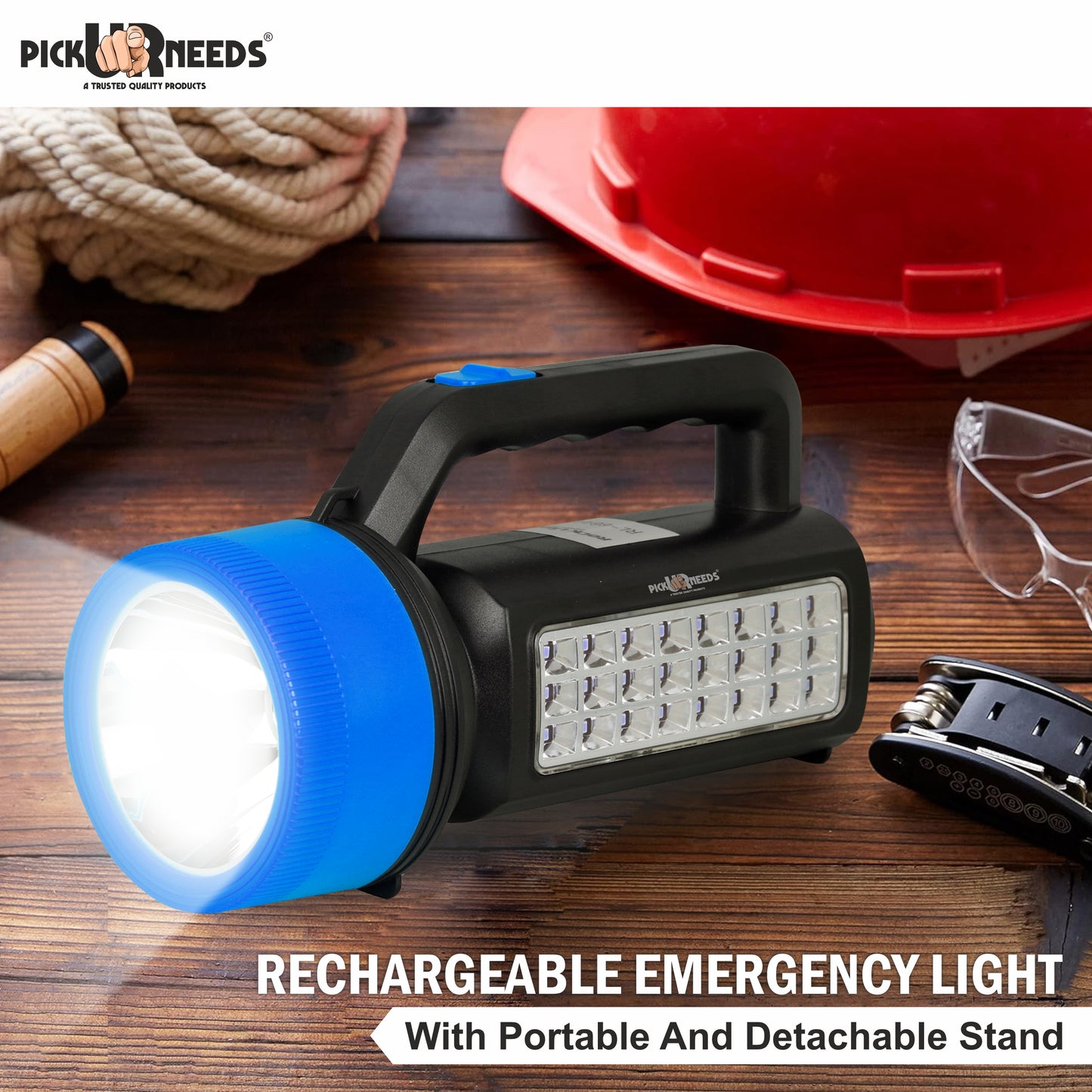 Pick Ur Needs Solar Rechargeable Long Range Emergency Torch Search Light 100W + 24 SMD Light Torch (Red, 21 cm, Rechargeable)