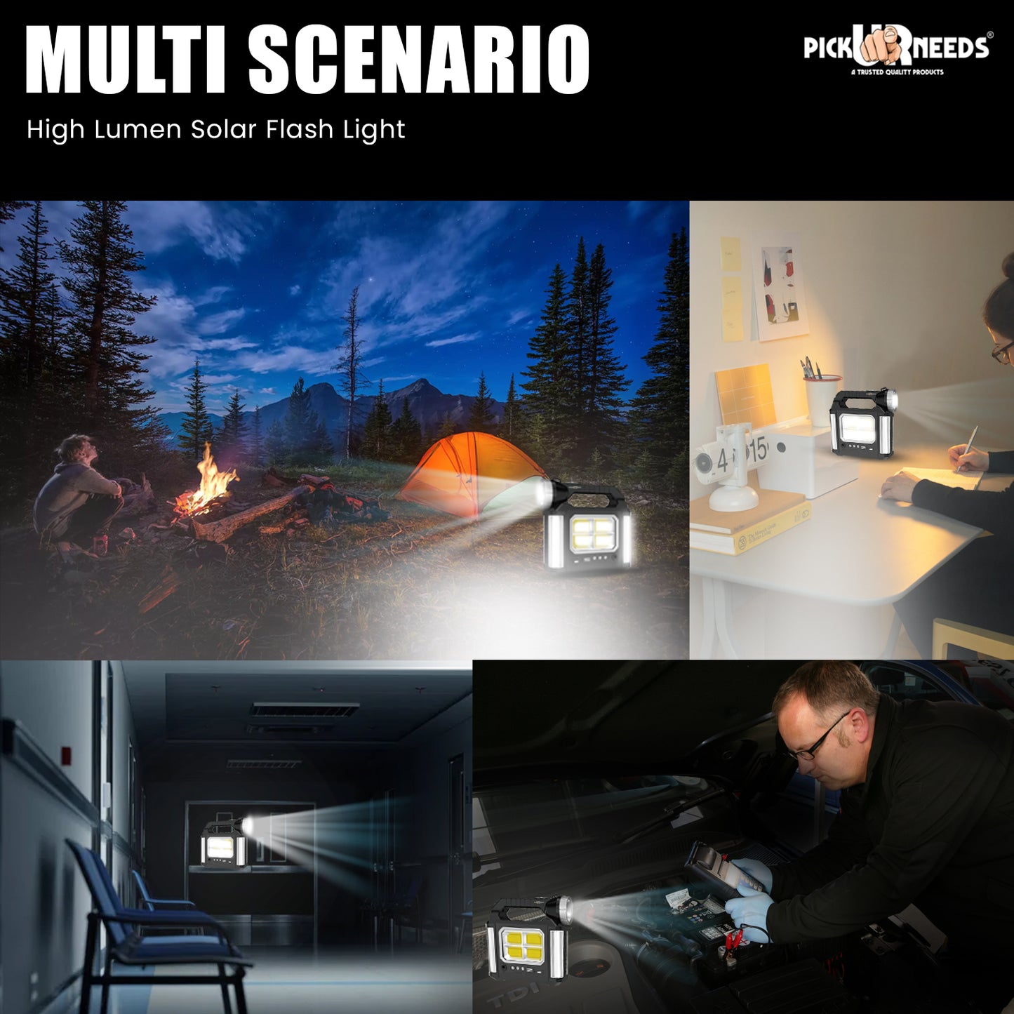 Pick Ur Needs Solar Rechargeable Mini Inverter Emergency Light with Solar Panel & 3 LED Solar Light Set  (Floor Mounted Pack of 1)