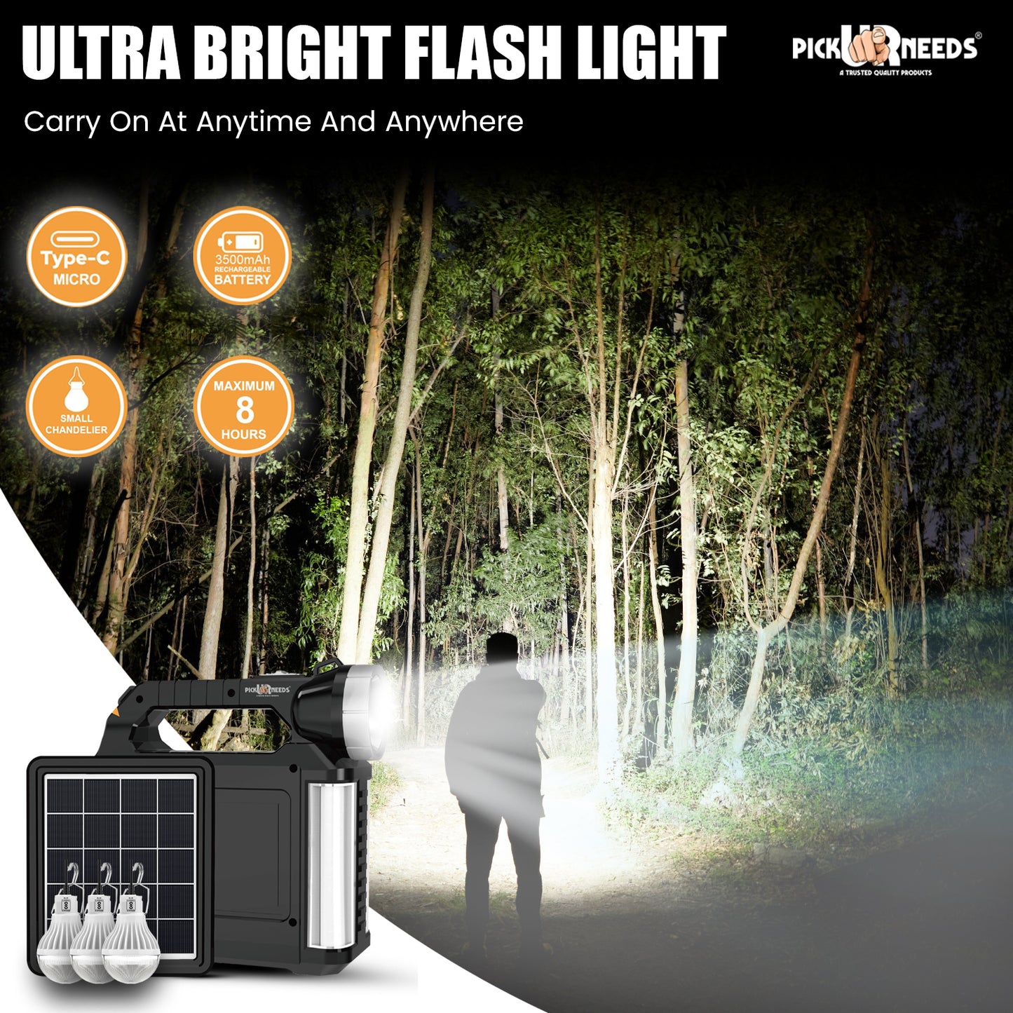 Pick Ur Needs Solar Rechargeable Mini Inverter Emergency Light with Solar Panel & 3 LED Solar Light Set  (Floor Mounted Pack of 1)