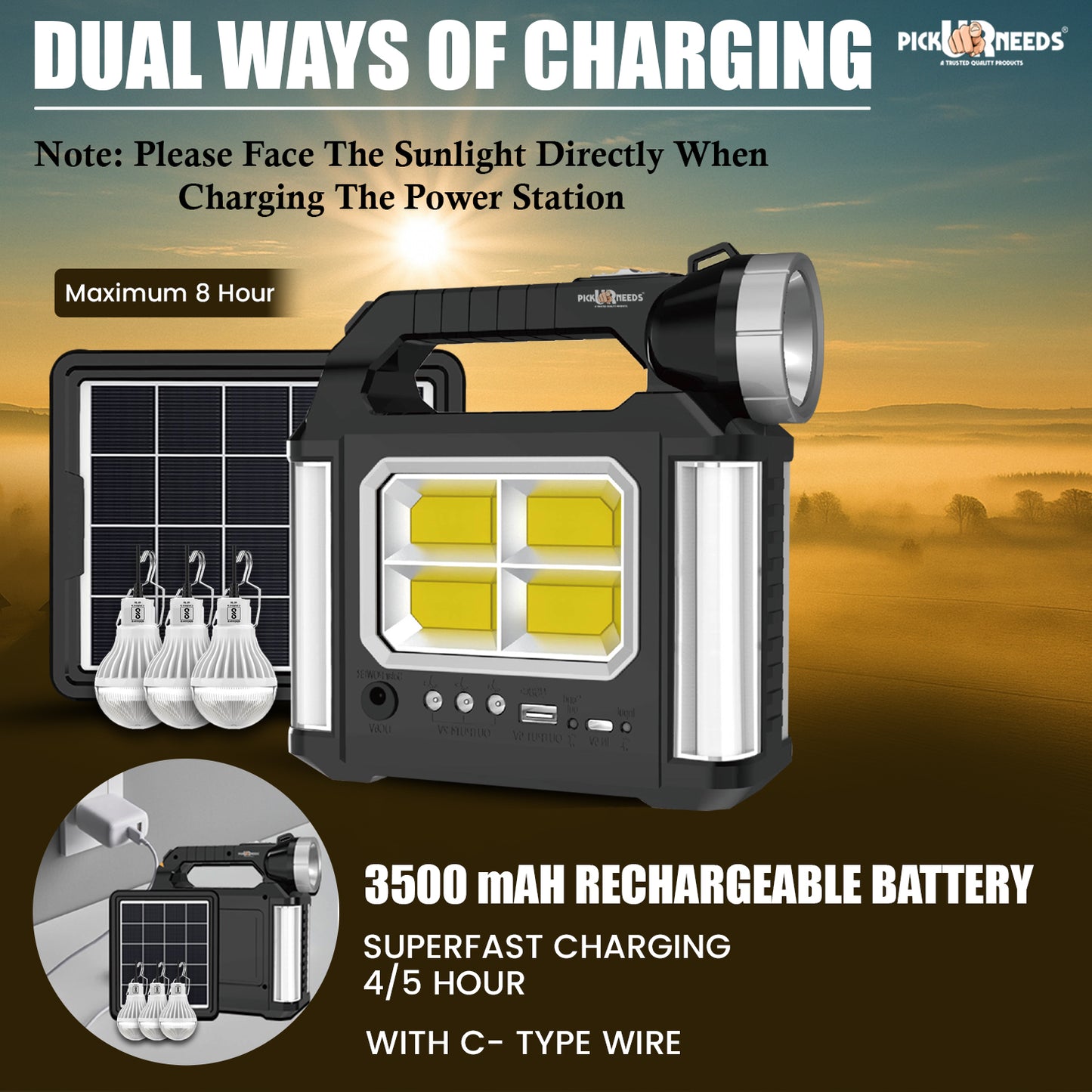 Pick Ur Needs Solar Rechargeable Mini Inverter Emergency Light with Solar Panel & 3 LED Solar Light Set  (Floor Mounted Pack of 1)