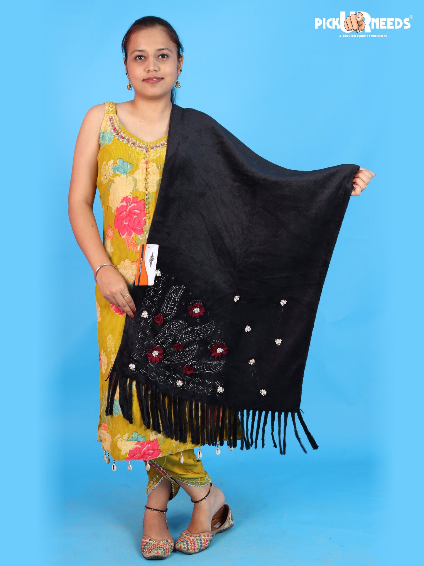 Pick Ur Needs Girls Embroidered Shawl Stylish Floral Embellished Winter Stole with Decorative Fringe Tassels Elegant Shoulder Wrap for Women