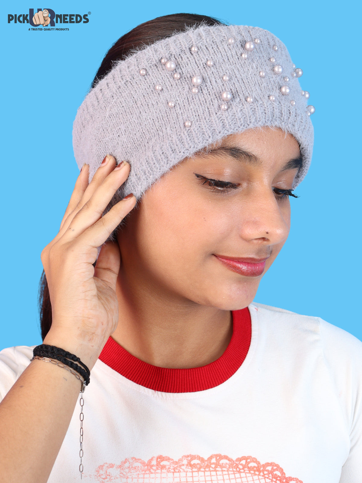 Pick Ur Needs Womens & Girls Soft Woolen Headband with Elegant Pearl Design Warm Stretchable Winter Ear Warmer Kanpatti.