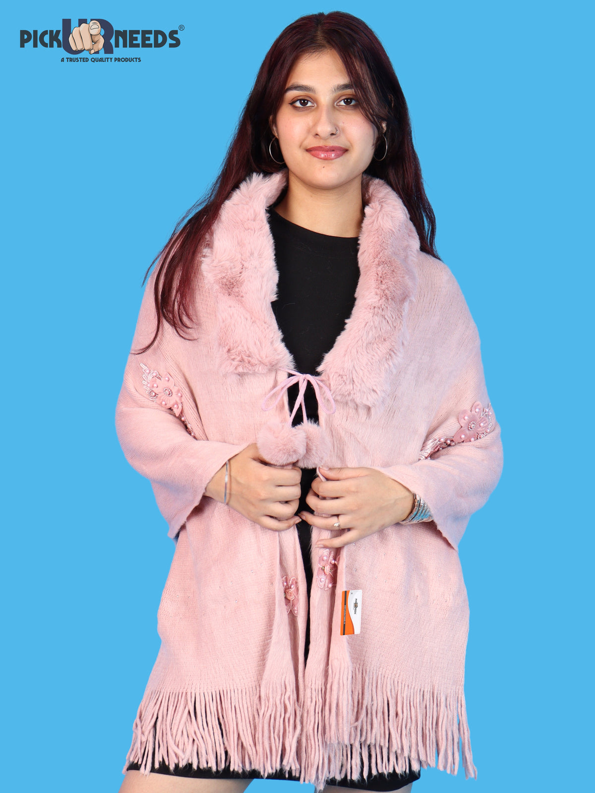Pick Ur Needs Womens Premium Winter Shawl Shrug with Soft Fur Collar, Floral Embroidery, Pom-Pom Tie & Fringe Detailing Stylish Warm Wrap for Girls