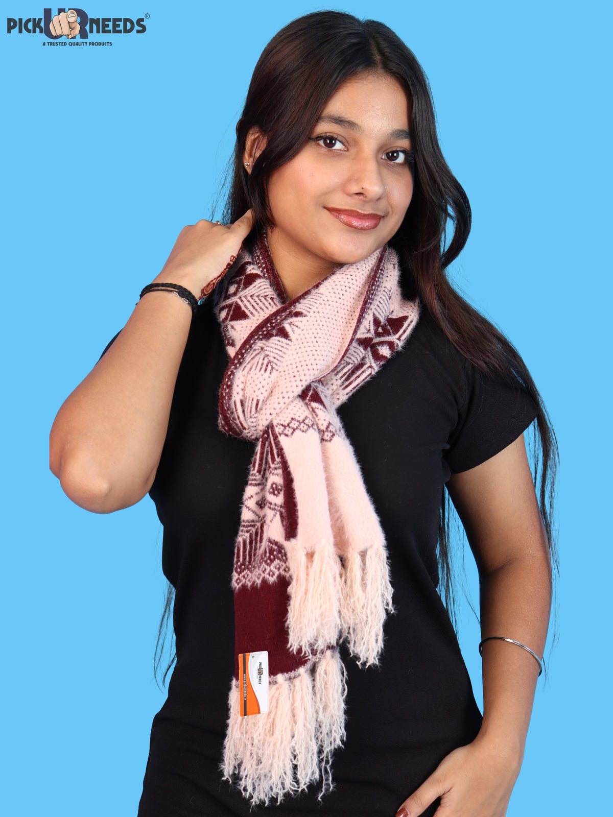 Pick Ur Needs Women & Girls Reversible Knitted Winter Muffler, Soft Warm Woollen Scarf with Geometric Pattern and Tassels, Lightweight Dual-Sided Winter Wrap