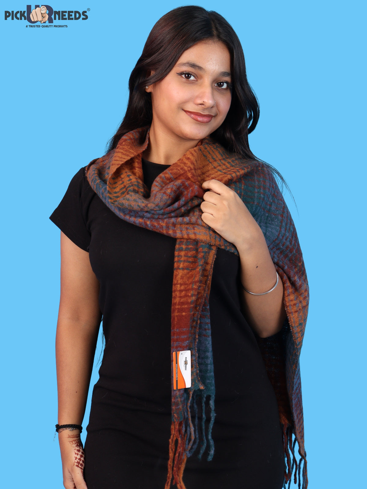 Pick Ur Needs Soft Woolen Girl's Muffler Scarf with Elegant Check Pattern,Warm & Cozy Winter Neck Wrap, Stylish Fringed Stole for Women & Girls