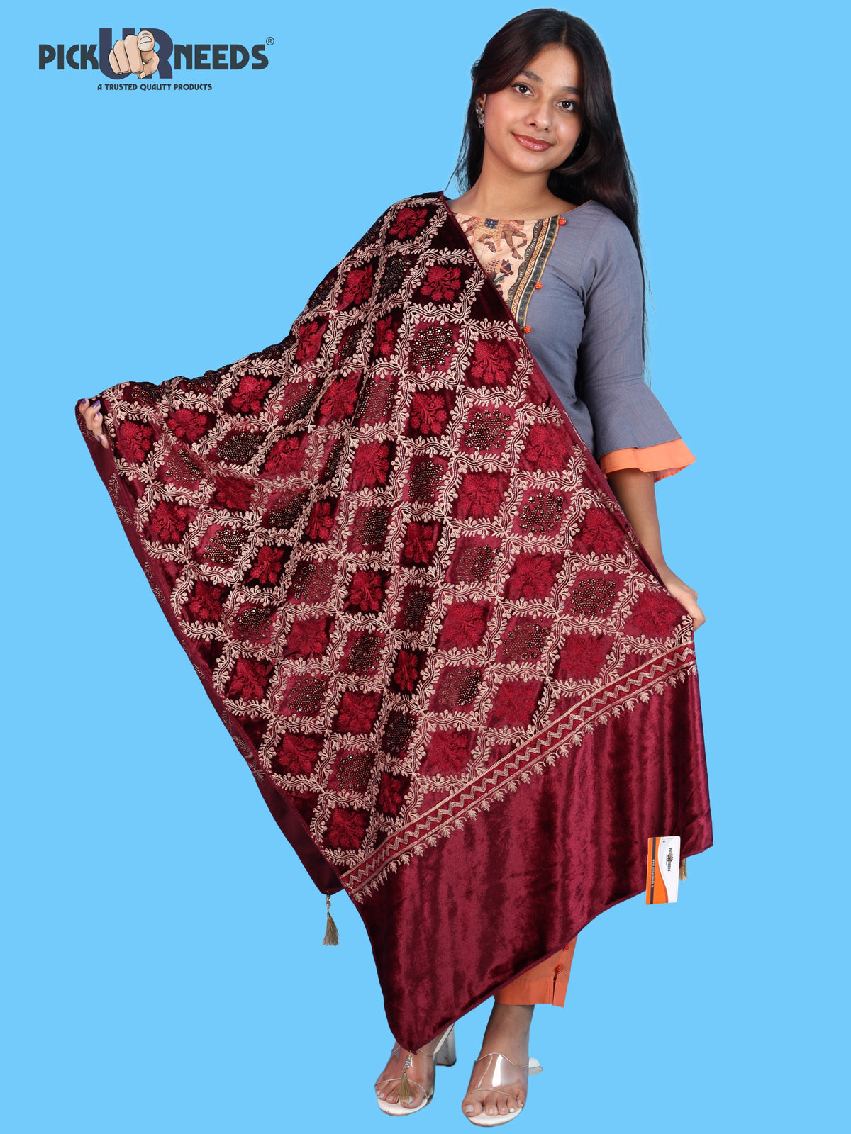 Pick Ur Needs Womens Velvet Woolen Girls Shawl with Elegant Embroidered Design, Warm Winter Wrap for Wedding Parties, Festive Occasions