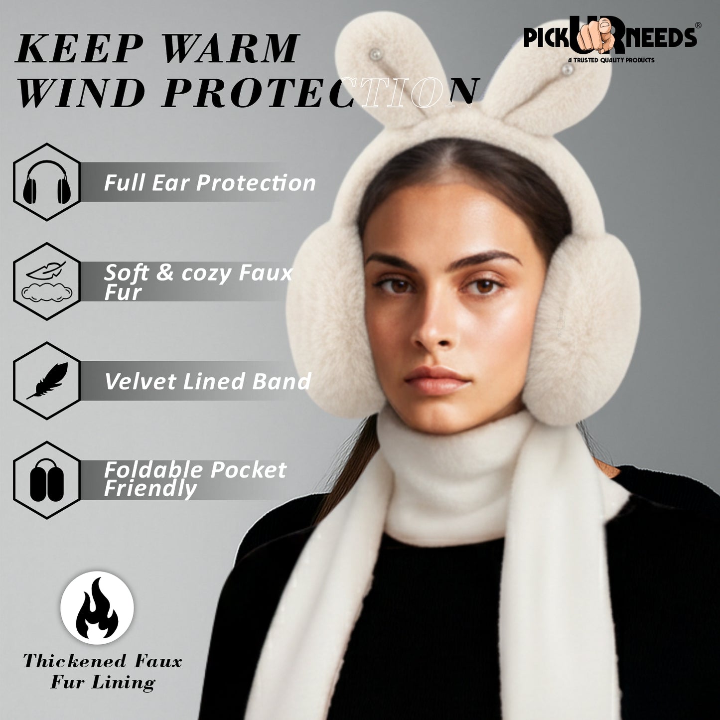 Pick Ur Needs Plush Earmuffs for Women & Girls with Stone Detail – Foldable Ultra-Soft Ear Warmers, Lightweight Winter Ear Muffs, Warm & Comfortable Cold Weather Accessory