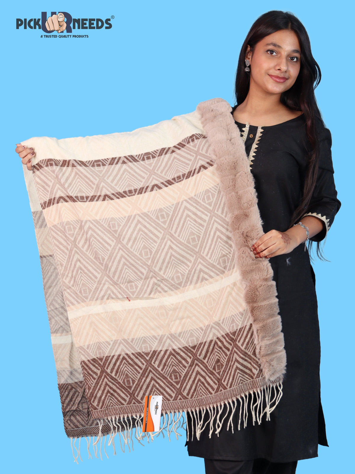 Pick Ur Needs Elegant Winter Soft & Warm Woolen Shawl with Faux Fur Border Multi Color Pattern Scarf