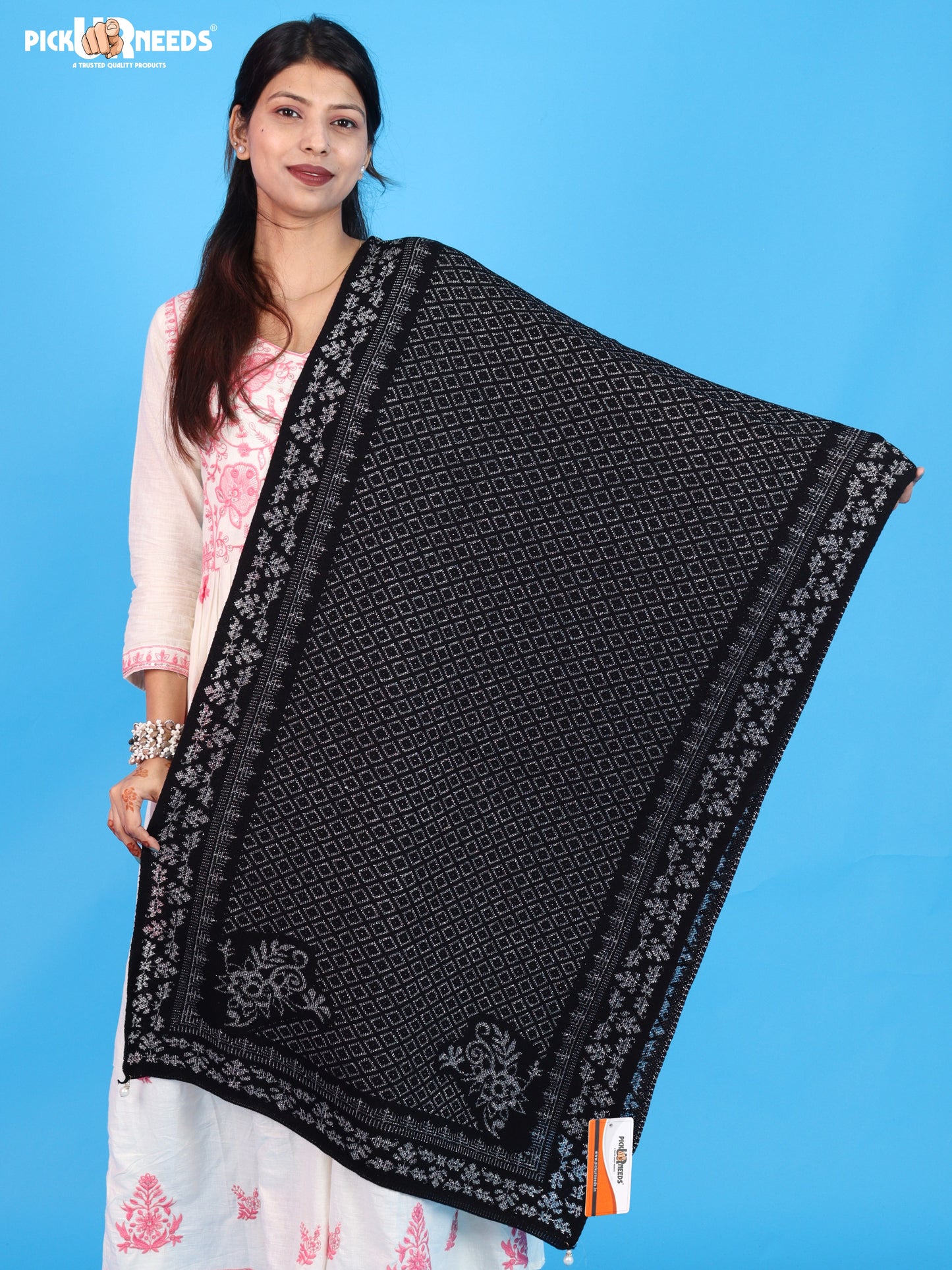 Pick Ur Needs Ladies Printed Winter Shawl with Elegant Pattern Soft Knitted Stole with Designer Border & Tassel Finish Comfortable Shoulder Wrap for