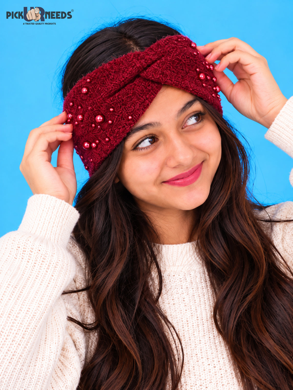 Pick Ur Needs Winter Ear Warmer Kanpatti Soft Woolen Headband with Elegant Pearl Design Warm Stretchable For Womens & Girls
