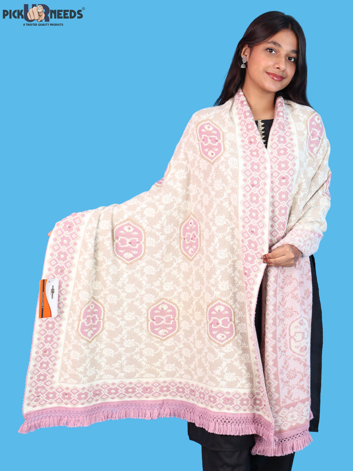 Pick Ur Needs Printed Women’s Woolen Shawl with Elegant Floral Pattern & Fur Border