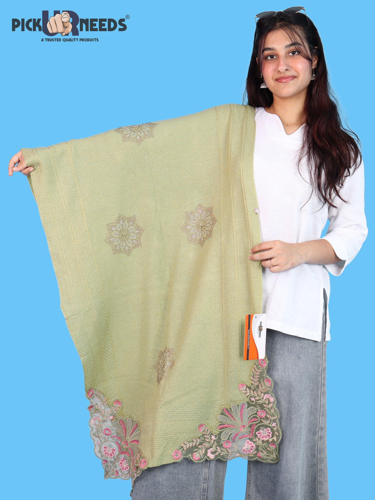 Pick Ur Needs Women & Girls Knitted Woolen Shawl Net Work Floral Border Multi-Style Poncho Shrug Wrap for Wedding Party & Special Occasions