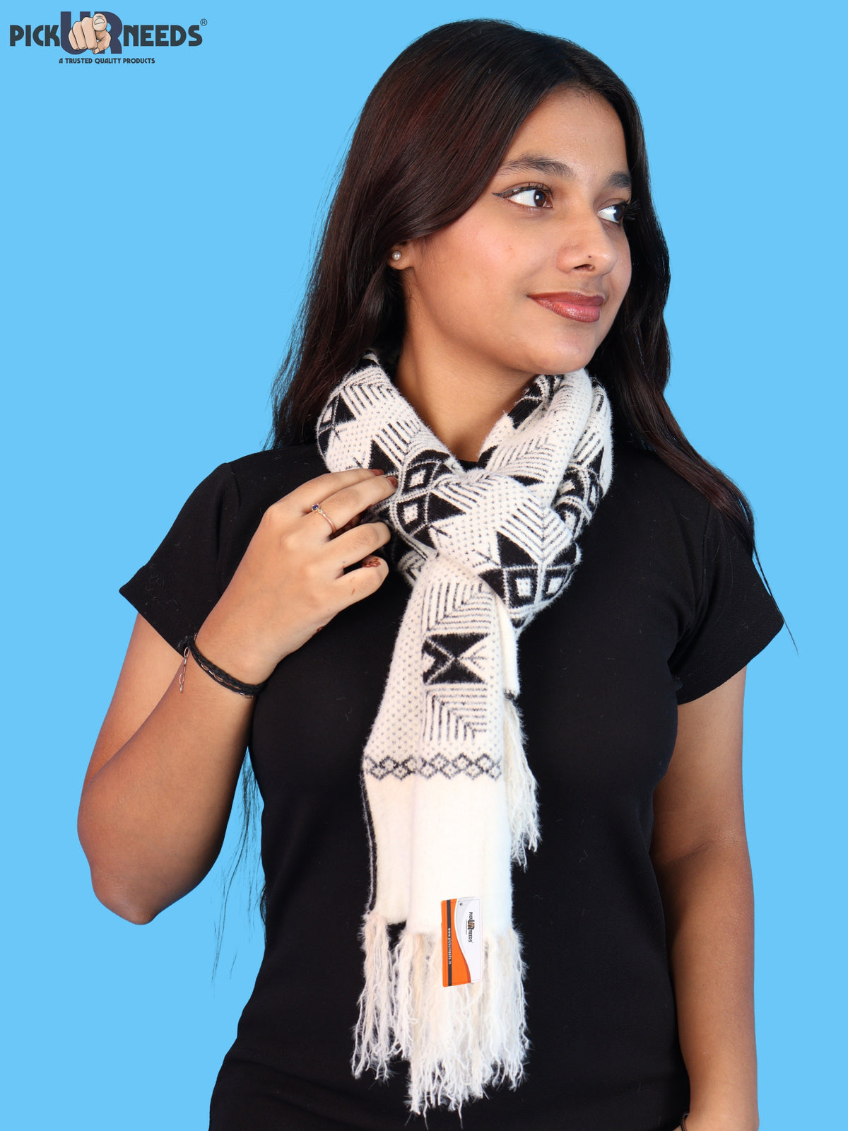 Pick Ur Needs Women & Girls Reversible Knitted Winter Muffler, Soft Warm Woollen Scarf with Geometric Pattern and Tassels, Lightweight Dual-Sided Winter Wrap