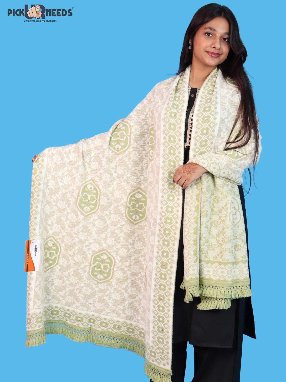 Pick Ur Needs Printed Women’s Woolen Shawl with Elegant Floral Pattern & Fur Border