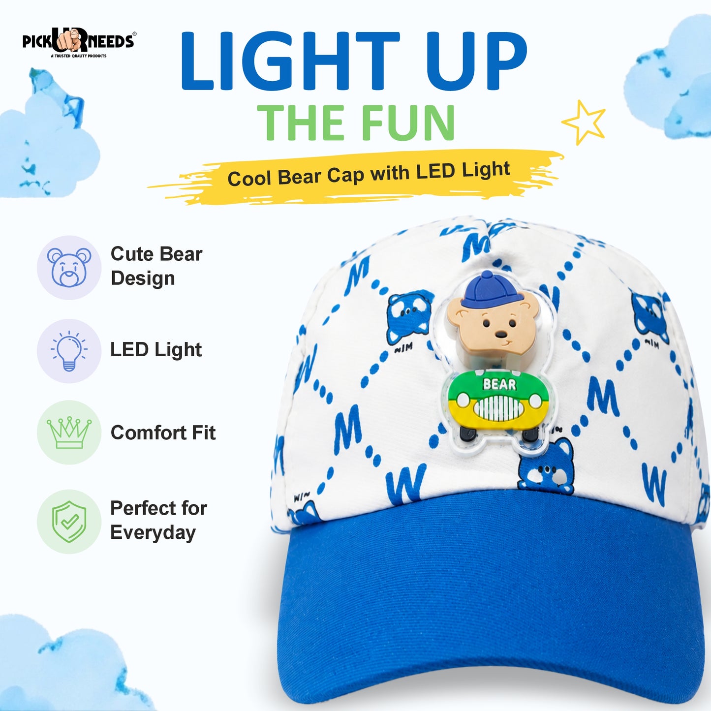 Pick Ur Needs Kids Baseball Cap with Cute Bear LED Light Design Comfort Fit for Boys & Girls Adjustable Buckle