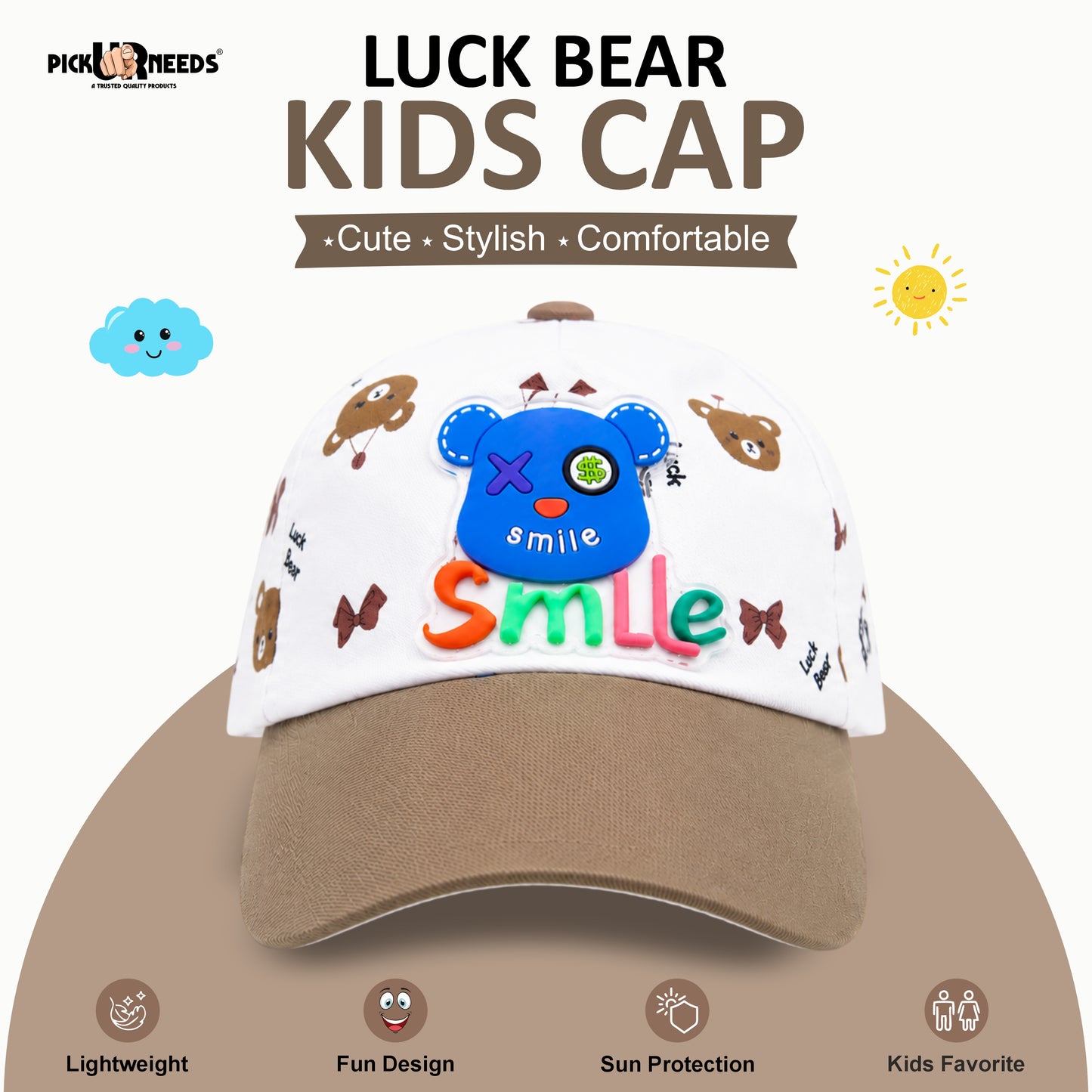Pick Ur Needs Cute Smile Bear Kids Baseball Cartoon Printed Adjustable Cap for Boys & Girls Lightweight Hat