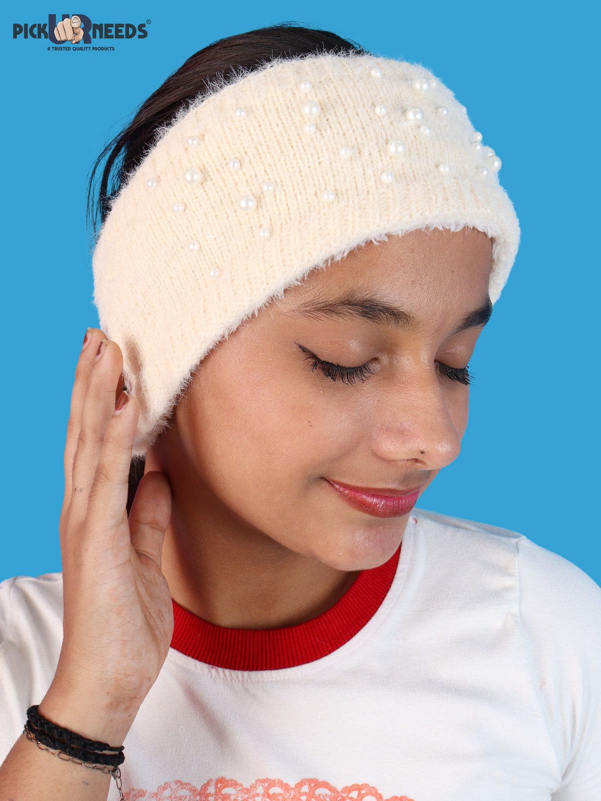 Pick Ur Needs Womens & Girls Soft Woolen Headband with Elegant Pearl Design Warm Stretchable Winter Ear Warmer Kanpatti.