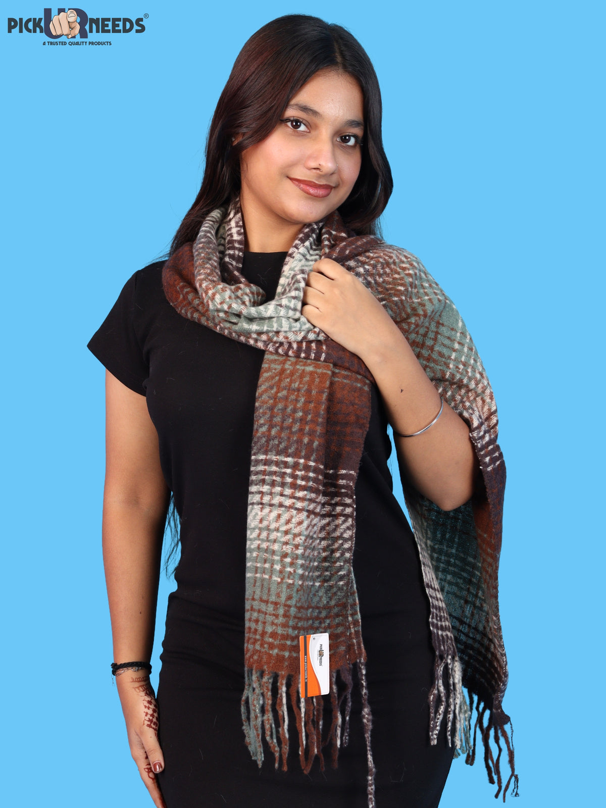 Pick Ur Needs Soft Woolen Girl's Muffler Scarf with Elegant Check Pattern,Warm & Cozy Winter Neck Wrap, Stylish Fringed Stole for Women & Girls