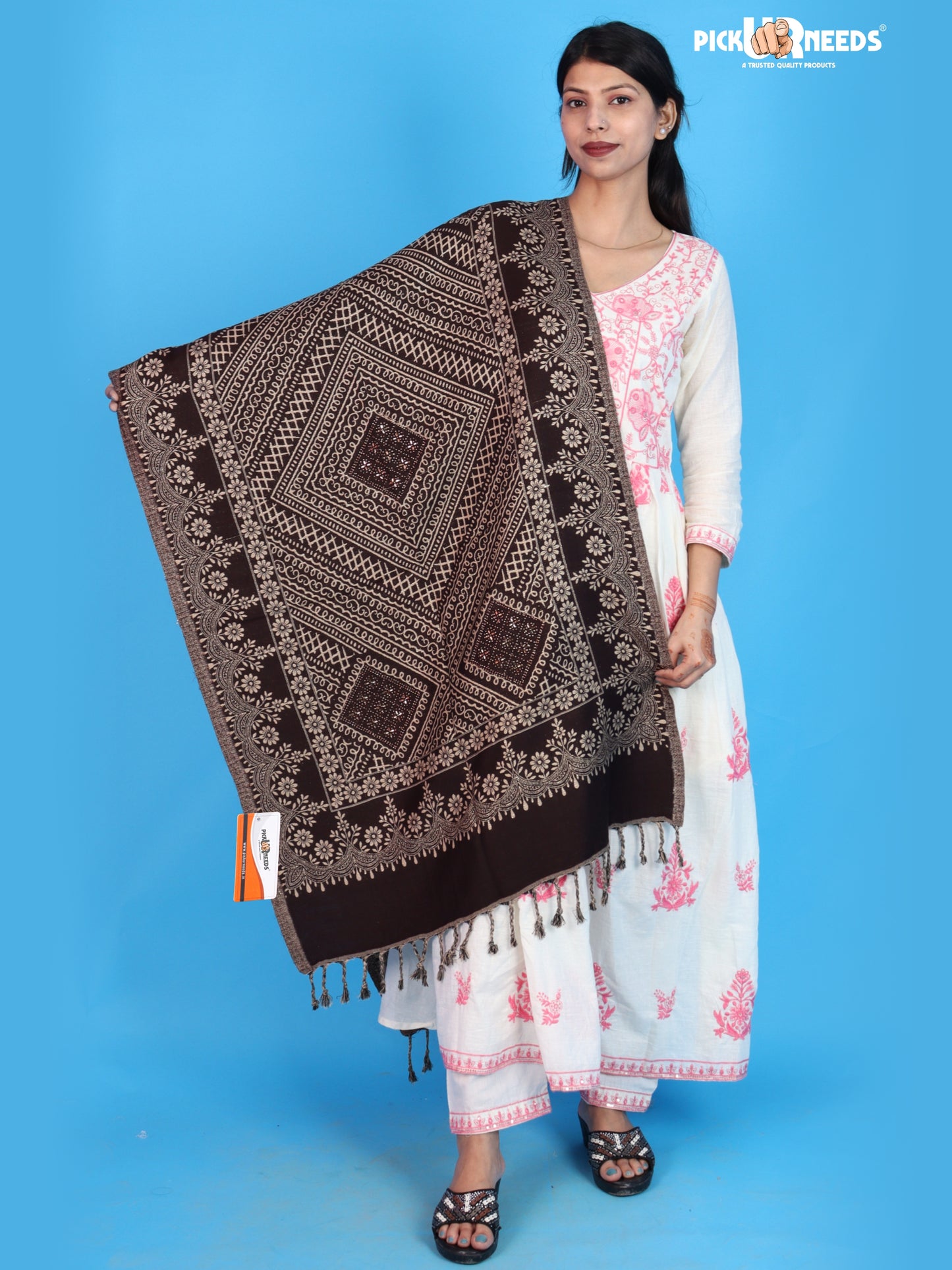 Pick Ur Needs Womens Elegant Embroidered Pattern Shawl Statement Wrap with Artistic Motif Work & Fringe Detailing Girls Stole for Ethnic and Casual Styling