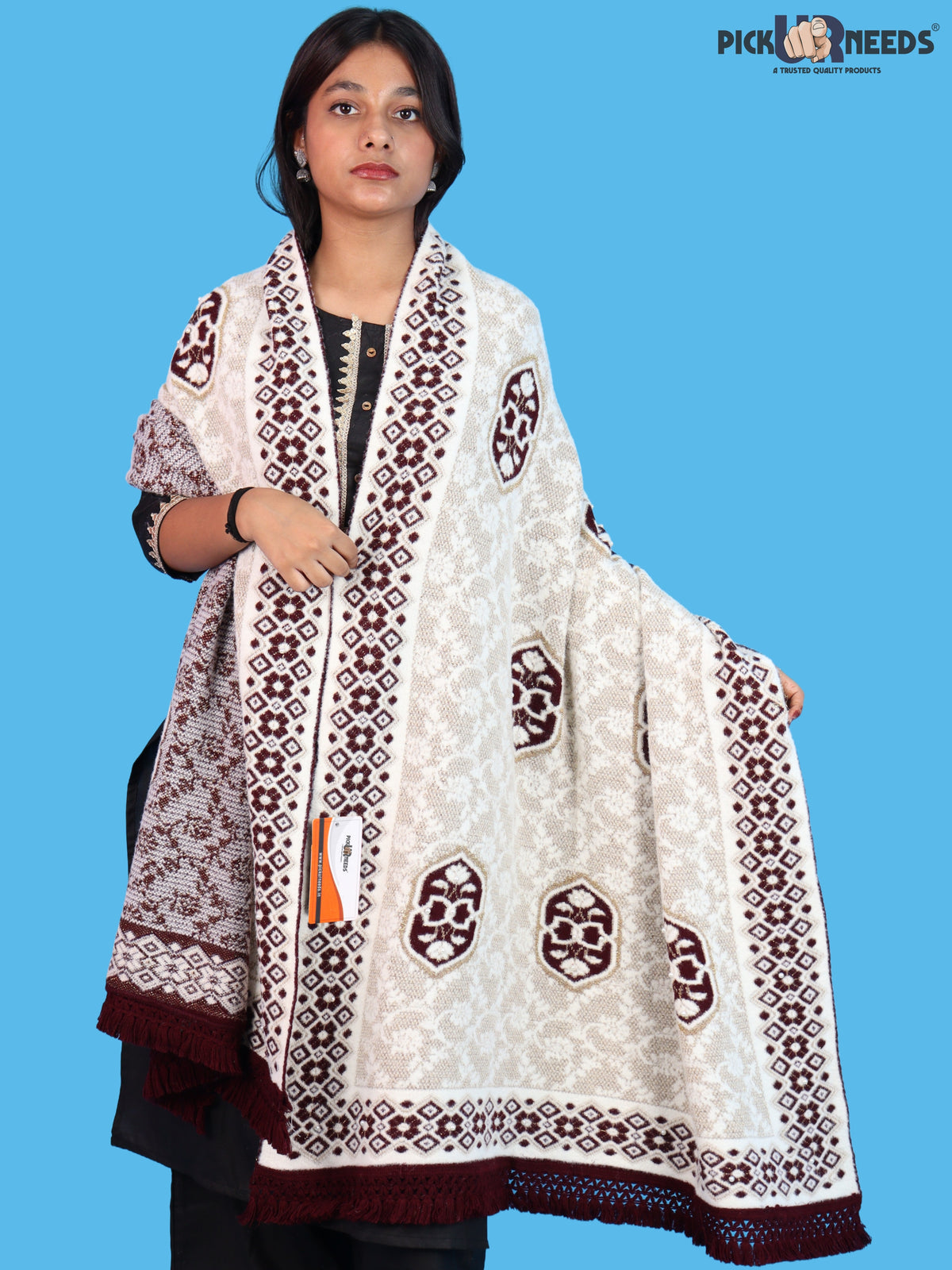 Pick Ur Needs Printed Women’s Woolen Shawl with Elegant Floral Pattern & Fur Border