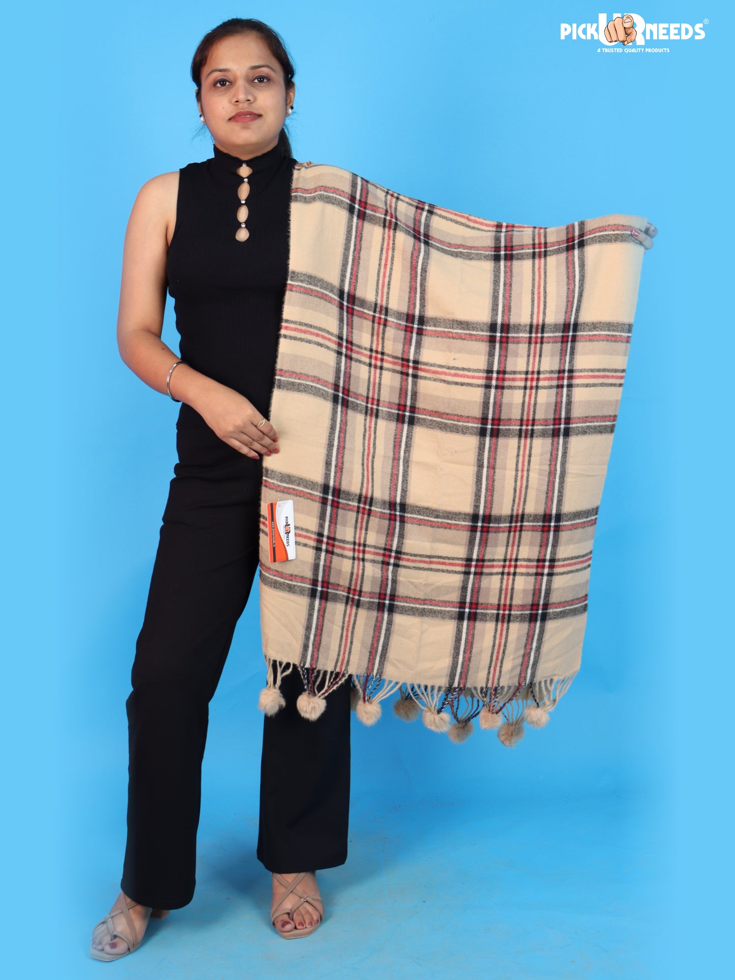 Pick Ur Needs Premium Womens Fashion Stole with Contemporary Check Weave, Decorative Fur Pom Tassels & Multi-Style Winter Wrap Shawl