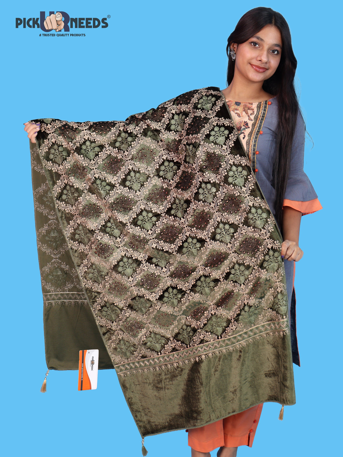 Pick Ur Needs Womens Velvet Woolen Girls Shawl with Elegant Embroidered Design, Warm Winter Wrap for Wedding Parties, Festive Occasions