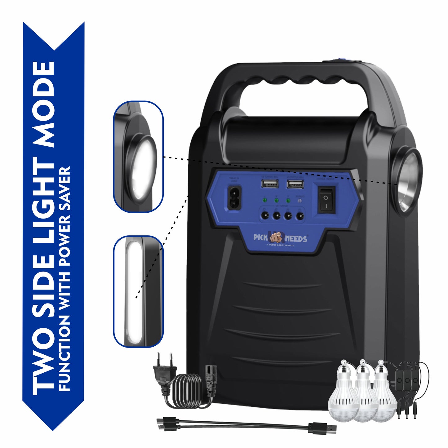 Pick Ur Needs Solar Chargeable Inverter Set Torch + Side Emergency Light + 3 Bulb 2 USB Port 7 hrs Torch Emergency Light