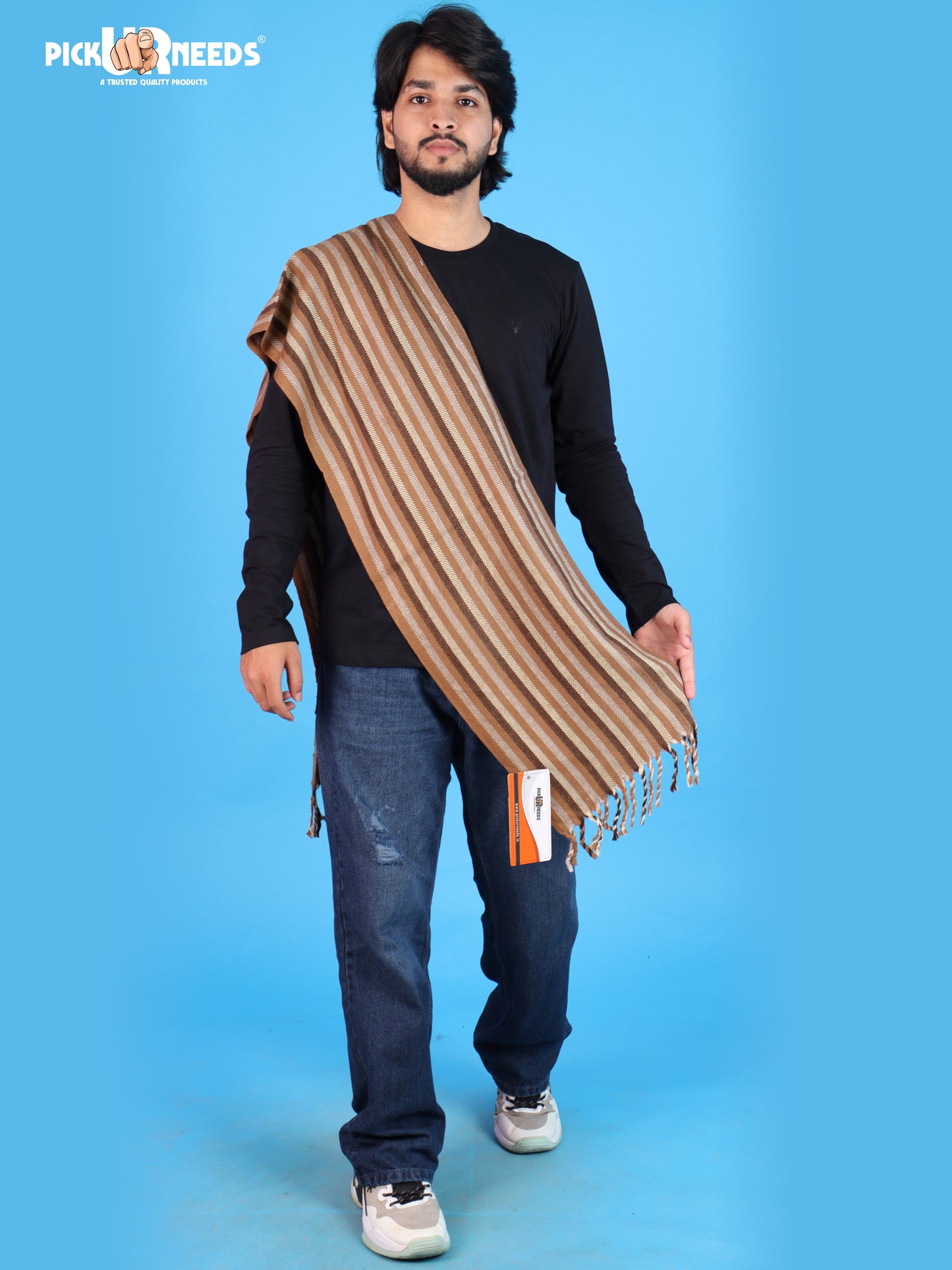Pick Ur Needs Men's Muffler With Multi Color Strips Design Woolem Blend Fabric Stylish Tussles Ends Muffler For Men