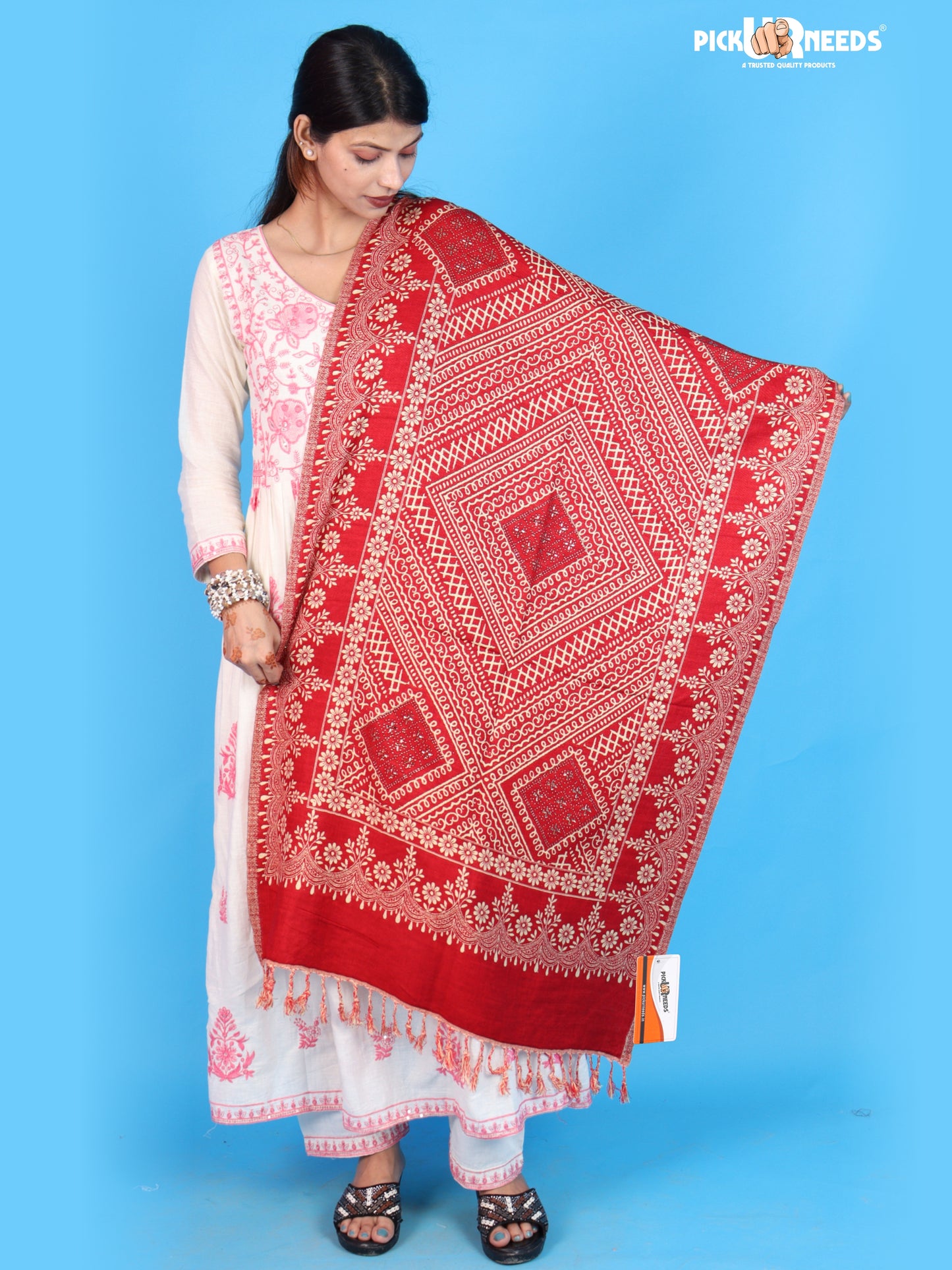 Pick Ur Needs Womens Elegant Embroidered Pattern Shawl Statement Wrap with Artistic Motif Work & Fringe Detailing Girls Stole for Ethnic and Casual Styling