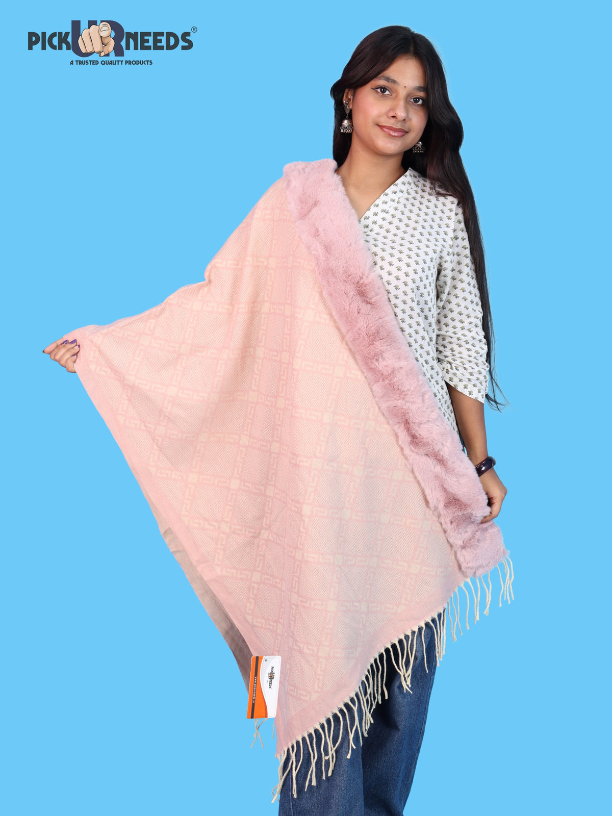 Pick Ur Needs Stylish Womens & Girls Winter Wear Shawl with Fur-Style Soft Warm Printed Wrap Stole with Fringes