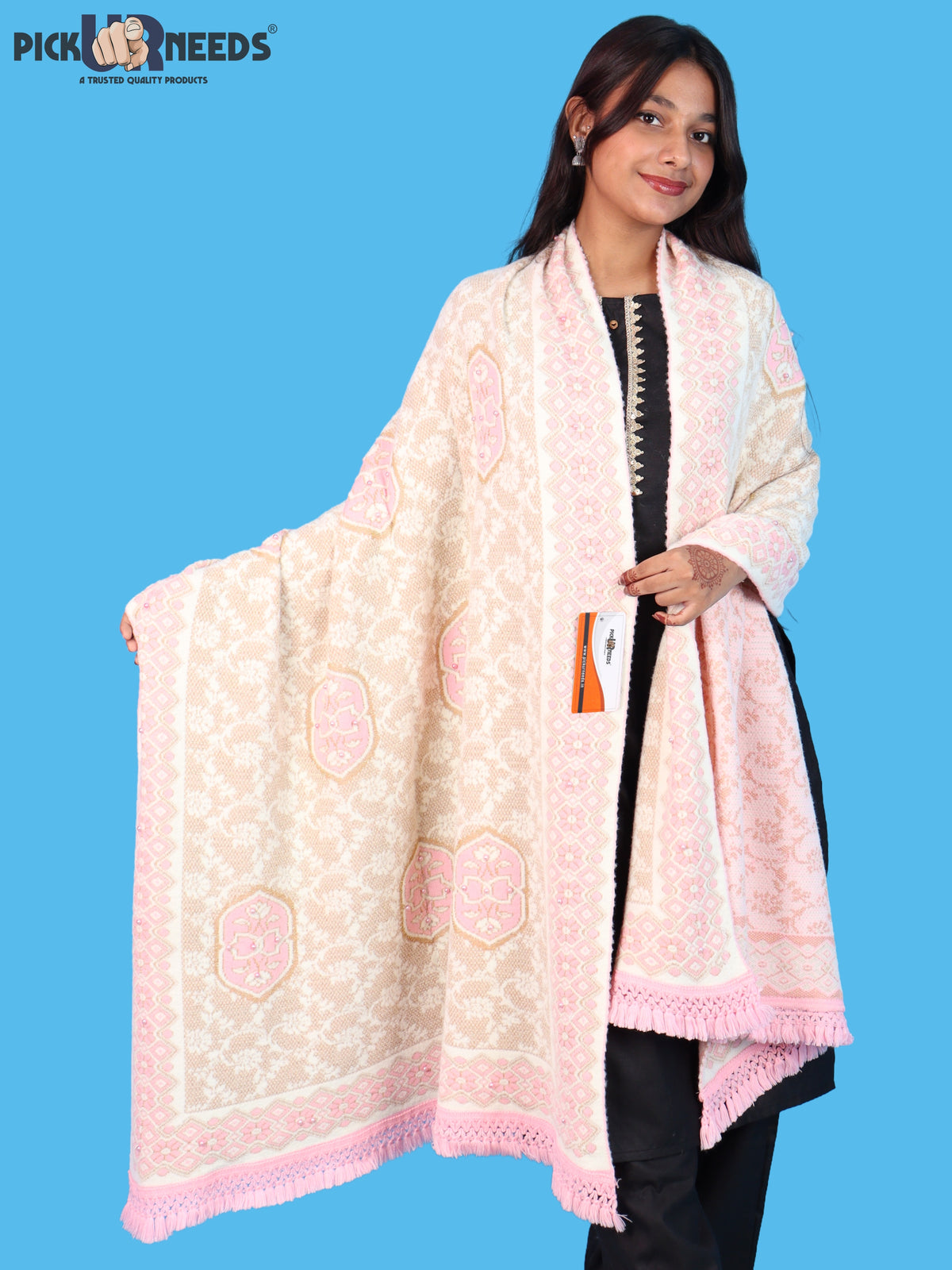 Pick Ur Needs Printed Women’s Woolen Shawl with Elegant Floral Pattern & Fur Border