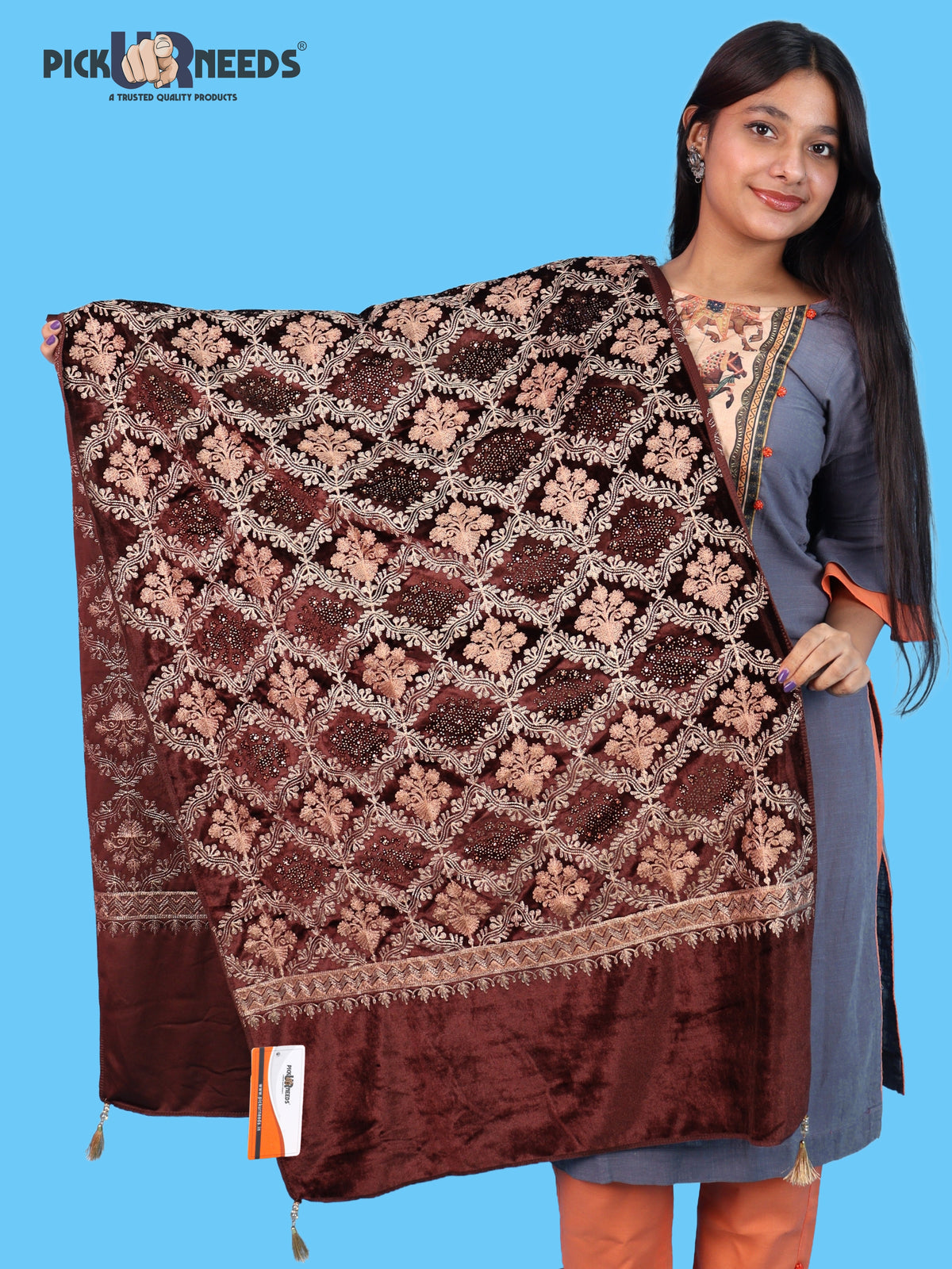 Pick Ur Needs Womens Velvet Woolen Girls Shawl with Elegant Embroidered Design, Warm Winter Wrap for Wedding Parties, Festive Occasions
