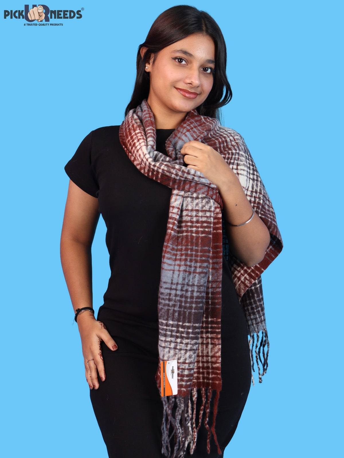 Pick Ur Needs Soft Woolen Girl's Muffler Scarf with Elegant Check Pattern,Warm & Cozy Winter Neck Wrap, Stylish Fringed Stole for Women & Girls