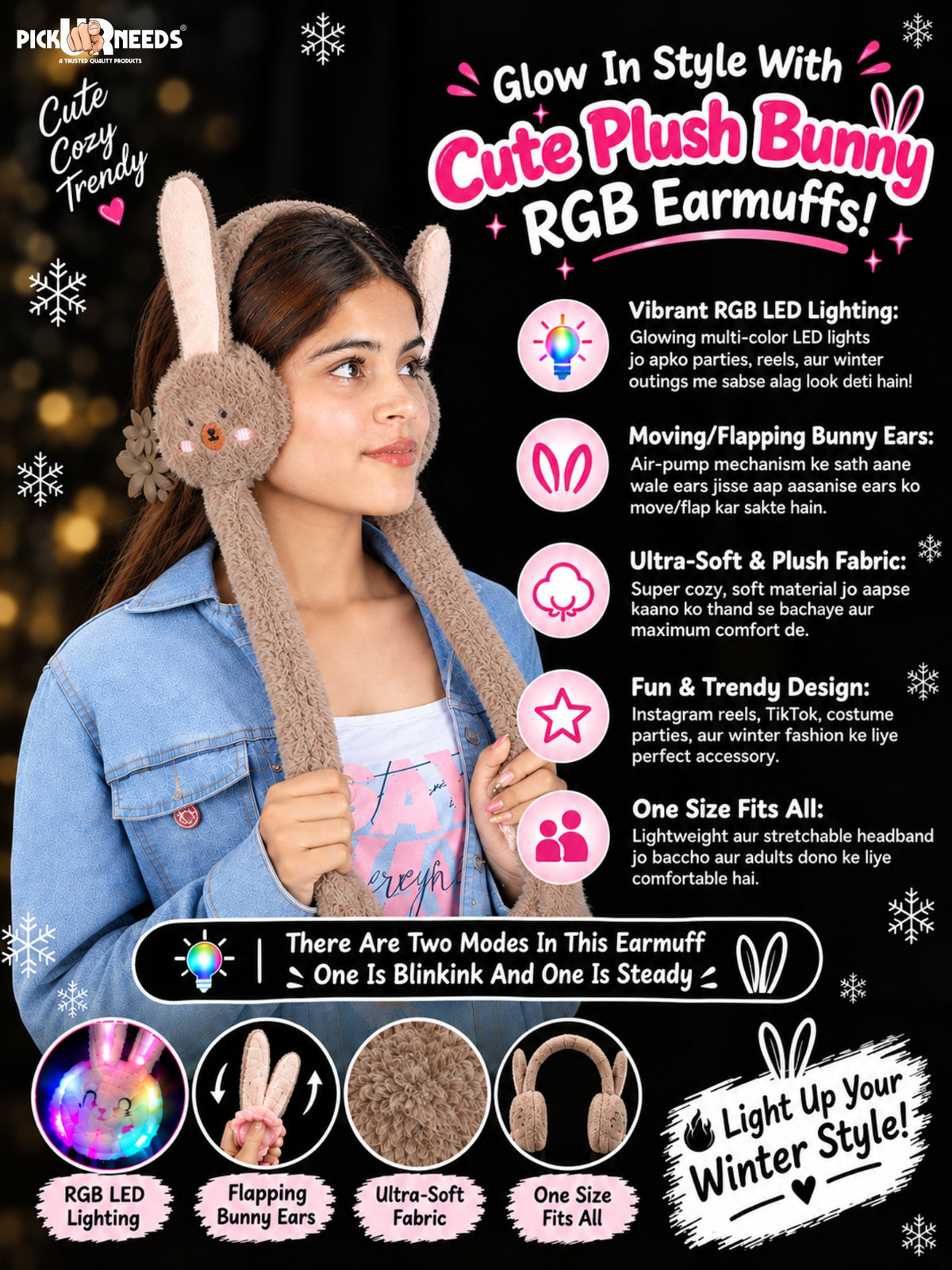 Pick Ur Needs Plush Bunny Cute Earmuffs for Girls & Women with RGB LED Lights,Ultra Soft Warm Winter Moving Flapping Ears Muffs