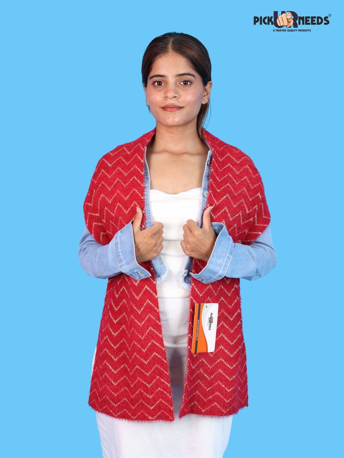 Pick Ur Needs Premium Woolen Winter Muffler with Gold Zigzag Pattern | Soft, Warm & Stylish Scarf for Women