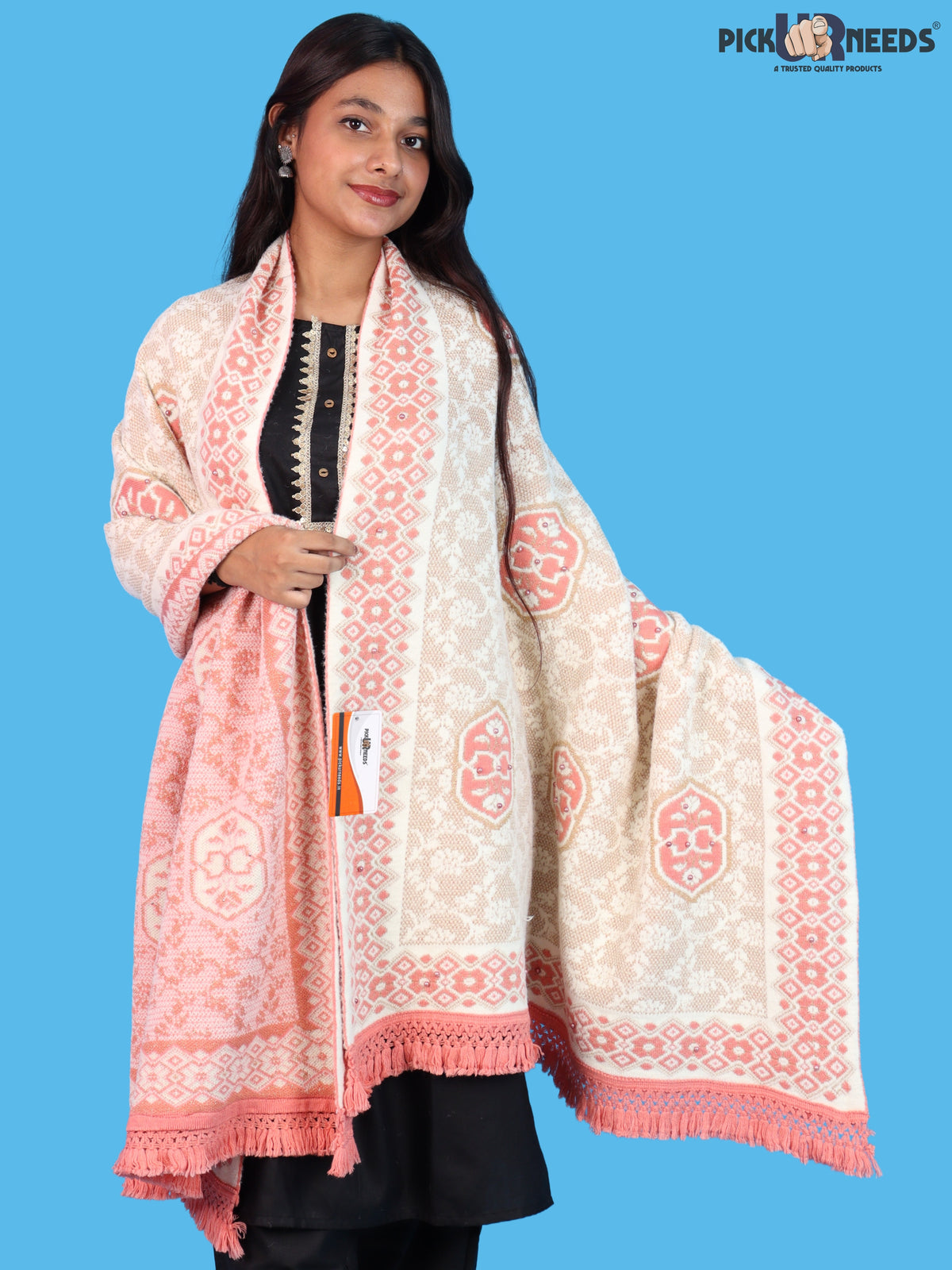 Pick Ur Needs Printed Women’s Woolen Shawl with Elegant Floral Pattern & Fur Border
