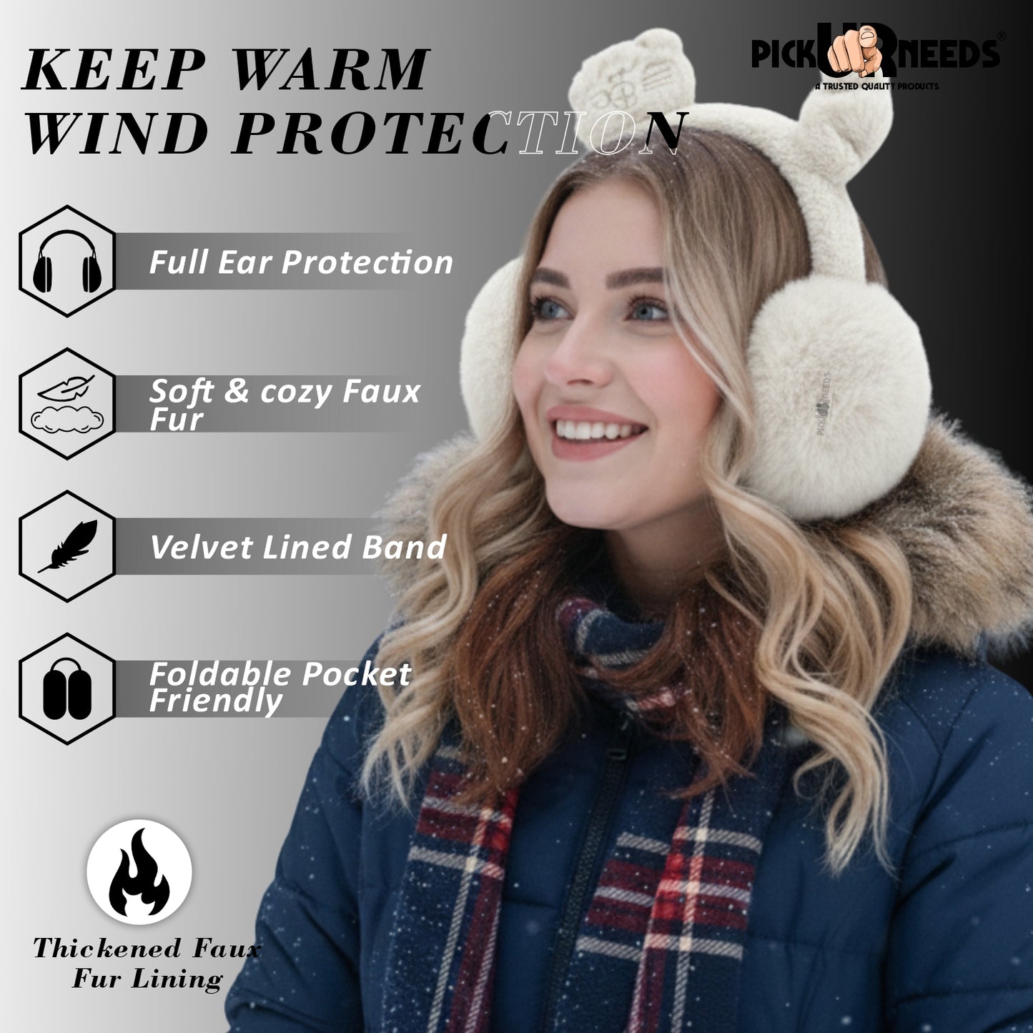 Pick Ur Needs Cute Cat Ear Muffs for Women & Kids – Foldable Ultra-Soft Winter Earmuffs, Lightweight Plush Ear Warmers